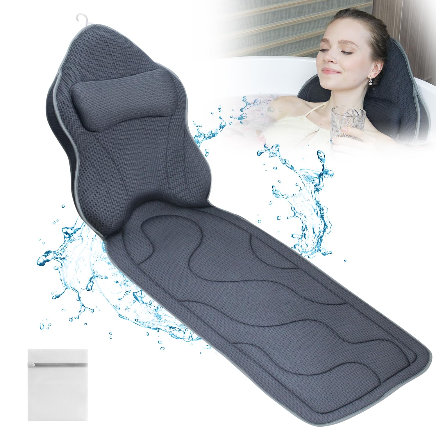 Luxury Thick Full Body Bath Pillows Mat & Cushion for Bathtub Headrest Neck Shoulder Support Comfort Relaxation Spa Accessories Perfect for a Spa Soak in Bathtub (Gray)