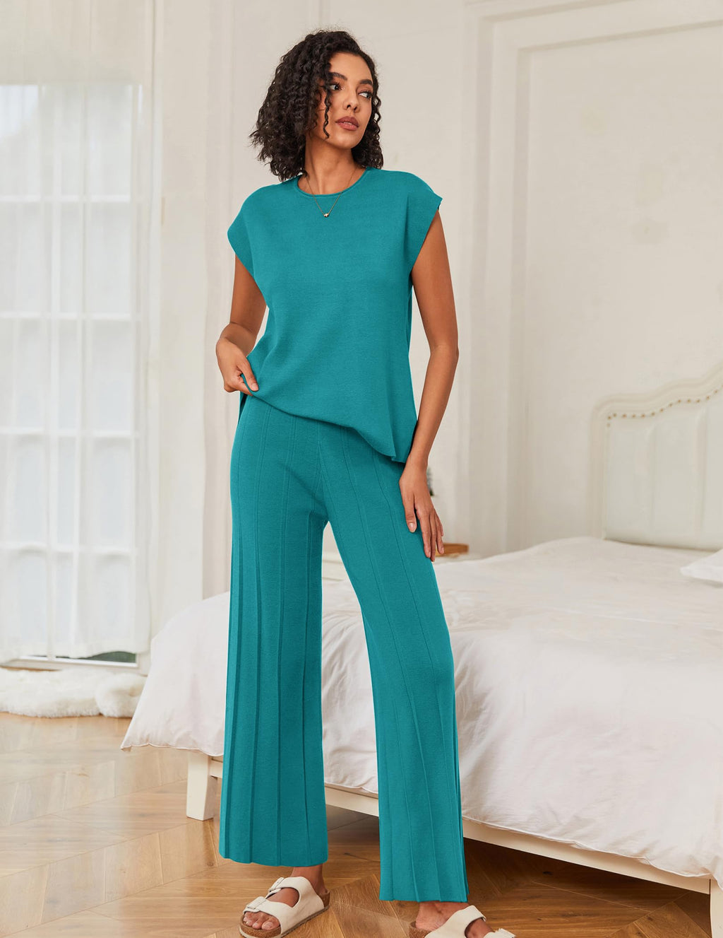 Ekouaer Lounge Sets for Women Two Piece Outfits Knit Cap Sleeve Tops Wide Leg Pleated Pants Casual Dressy Sweater Sets