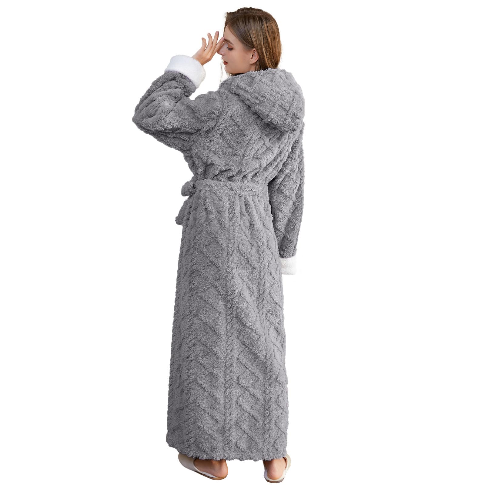 Hellomamma Long Hooded Robe for Women Luxurious Flannel Fleece Full Length Bathrobe Winter Warm Pajamas Shower Nightgown