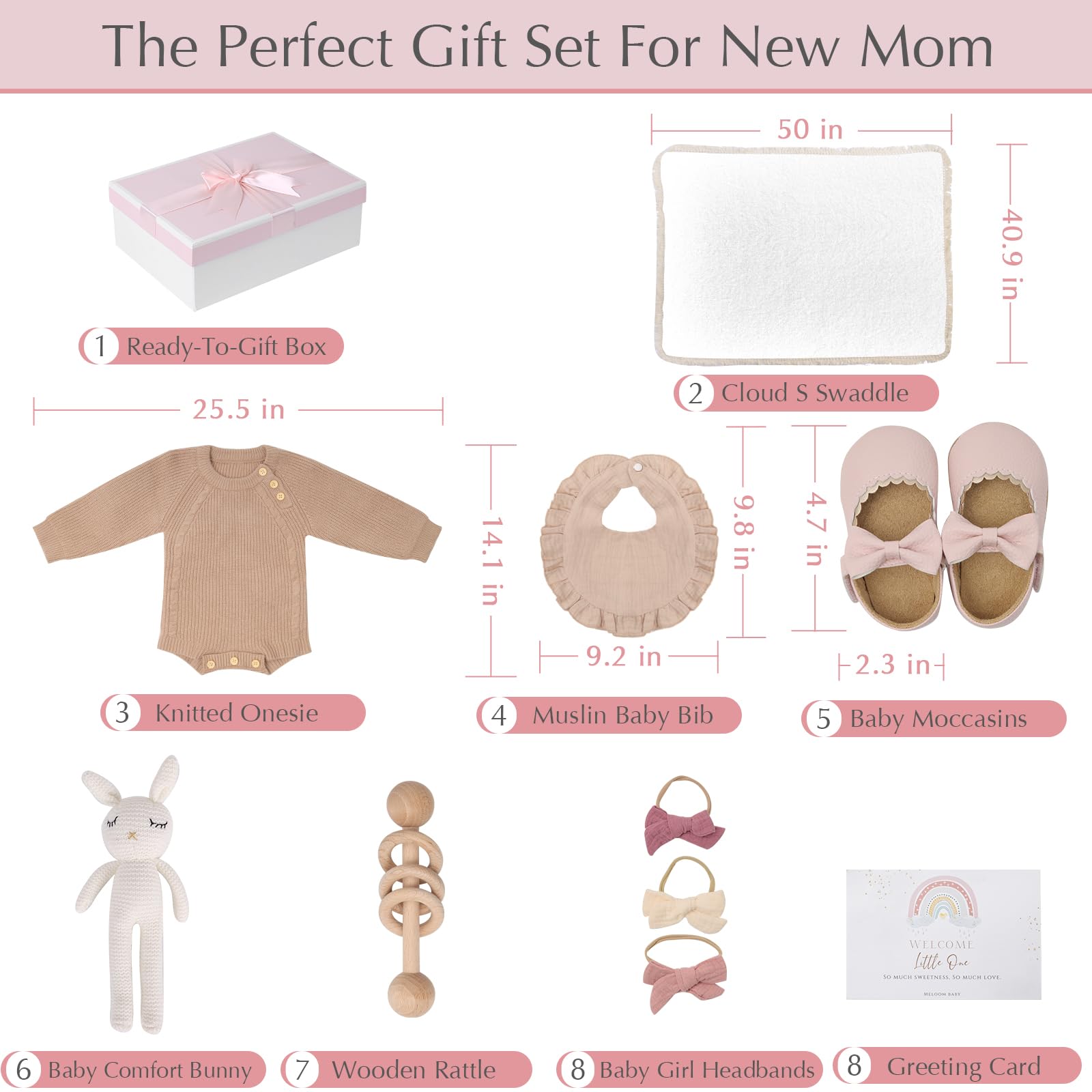 meloom Deluxe Baby Girl Gift Set, Newborn Baby Shower Gifts Basket, Newborn Gifts Box, Boho Baby Girl Essentials, Baby Shower Gifts for New Moms, Personalized New Baby Gifts