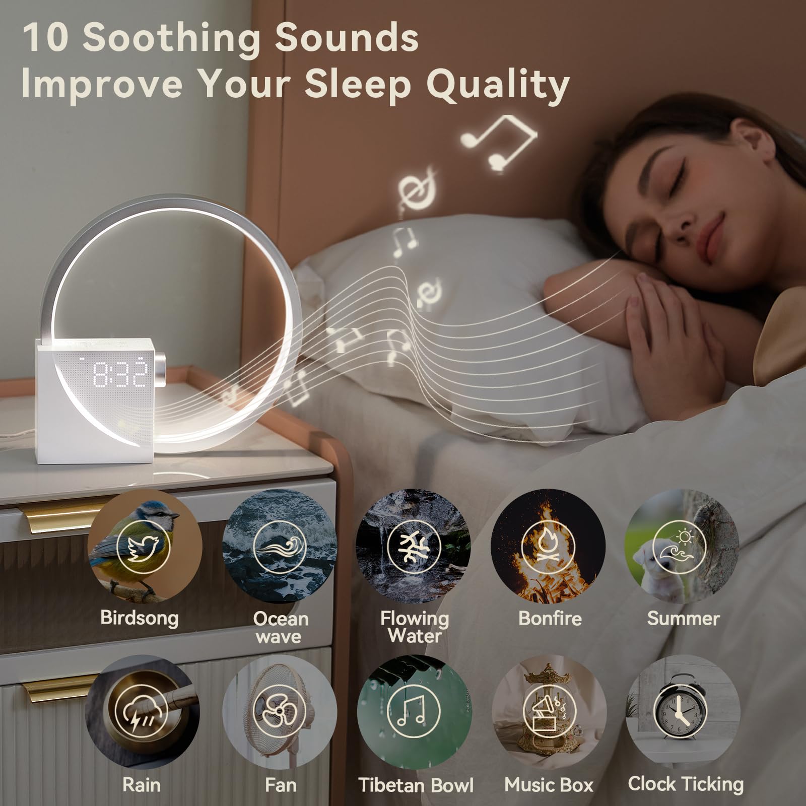 Vivilumens Sunrise Alarm Clock for Heavy Sleepers Adults, Wake-up Light, Sleep Aid 10 White Noise Sound Machines with 30/60/90 Timer, 3 Level Dimmable Touch Table Lamp with Snooze USB Charger Port