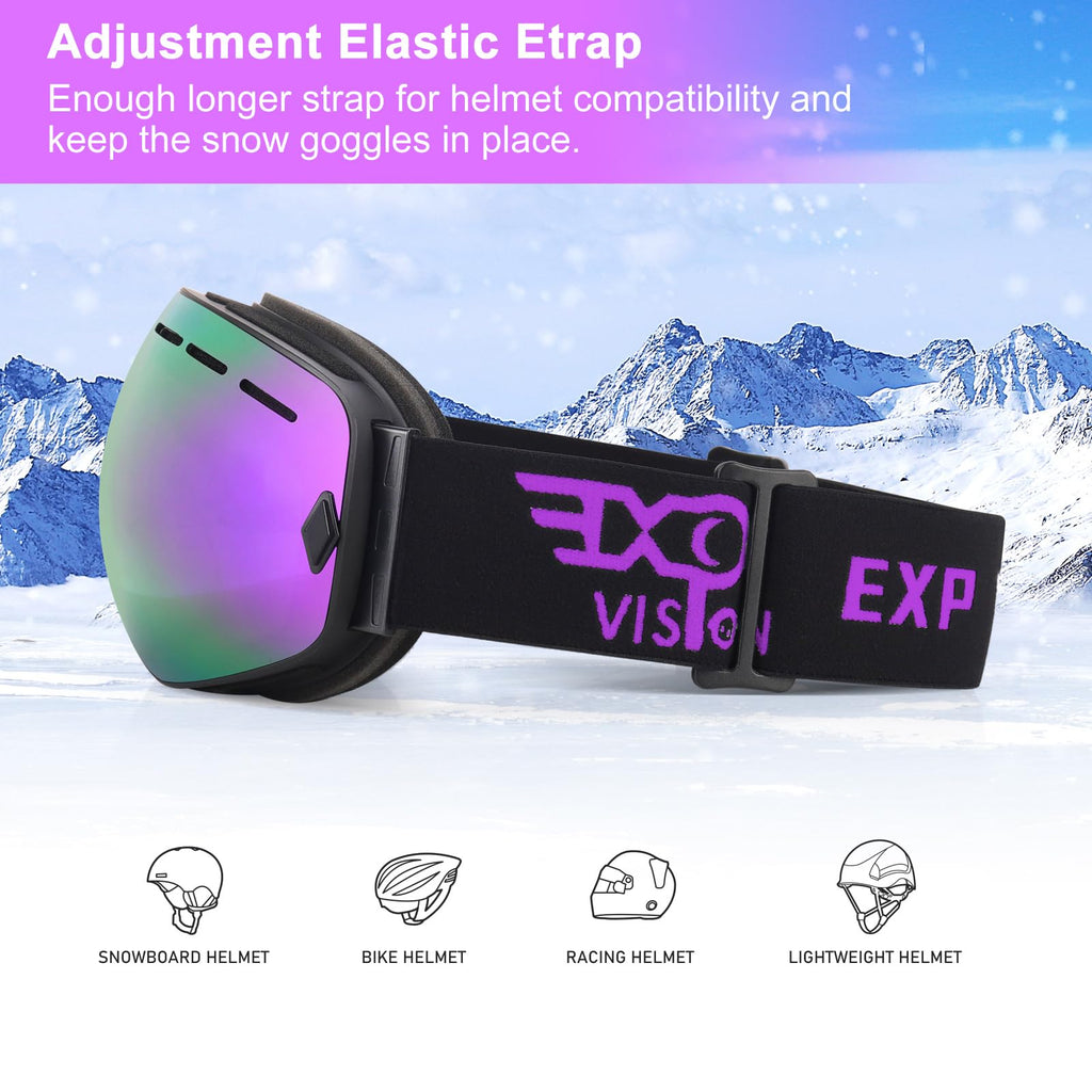 EXP VISION Snowboard Ski Goggles Men Women Youth, Anti Fog OTG Winter Snow Goggles Spherical Detachable Lens