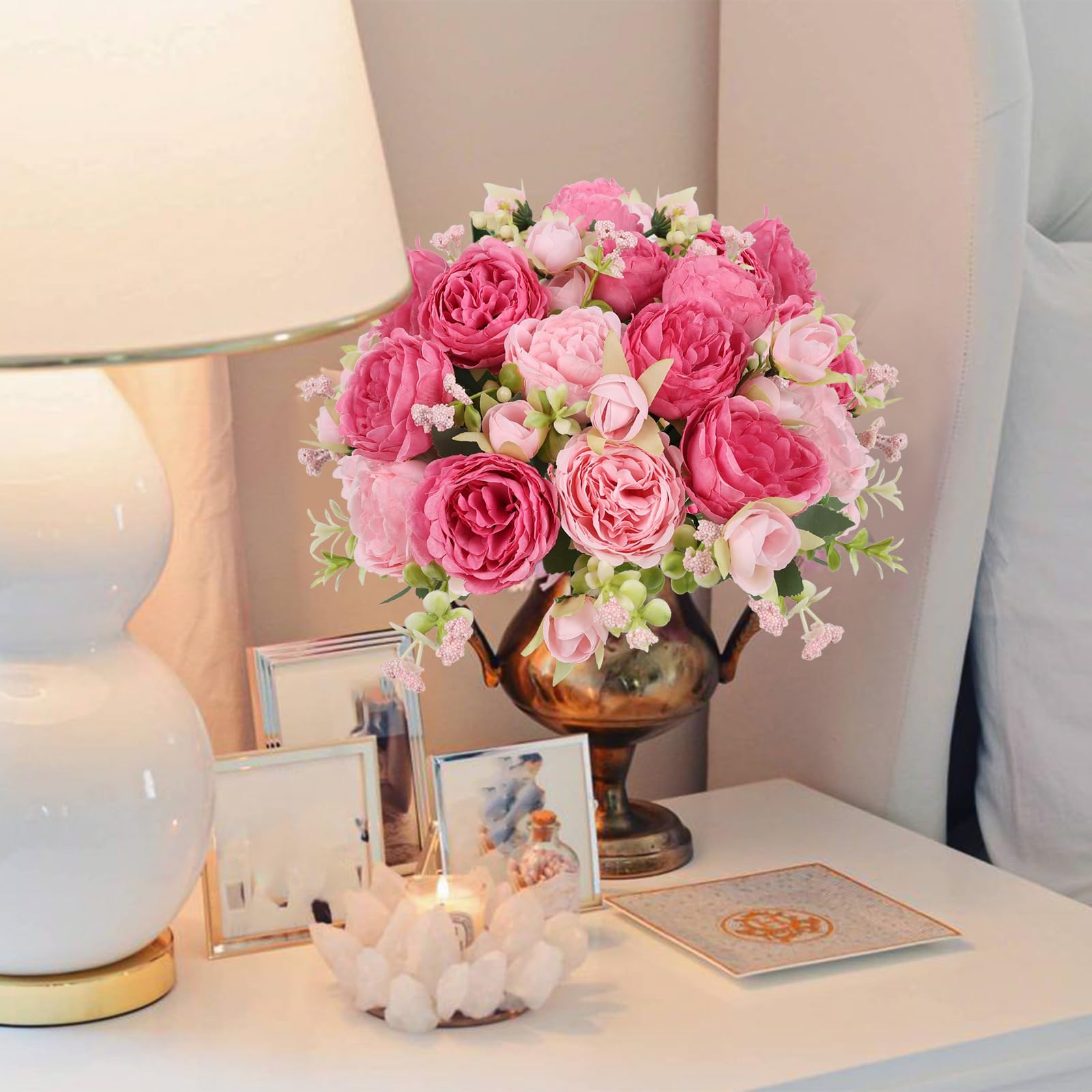 4 Bundles Artificial Peonies Silk Flowers, White Faux Peony Bouquet Florals Arrangements Decor for Farmhouse Home Boho Wedding Table Centerpiece, Fake Plastic Flowers Bulk Vase Decoration (White)