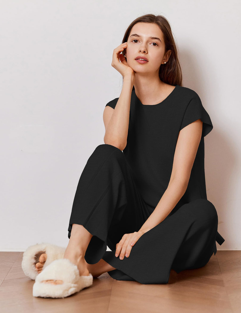 Ekouaer Lounge Sets for Women Two Piece Outfits Knit Cap Sleeve Tops Wide Leg Pleated Pants Casual Dressy Sweater Sets