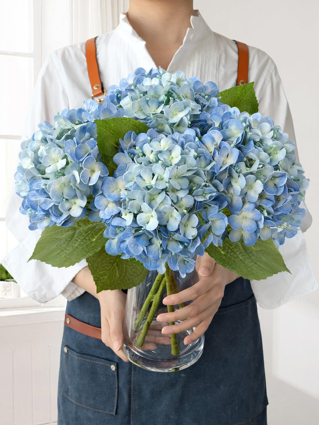 Light Blue Hydrangea Artificial Flowers,4Pcs 20" Real Touch Lifelike Silk Artificial Hydrangeas, Full Fake Flowers for Bouquet Table Centerpieces Spring Wedding Indoor Home