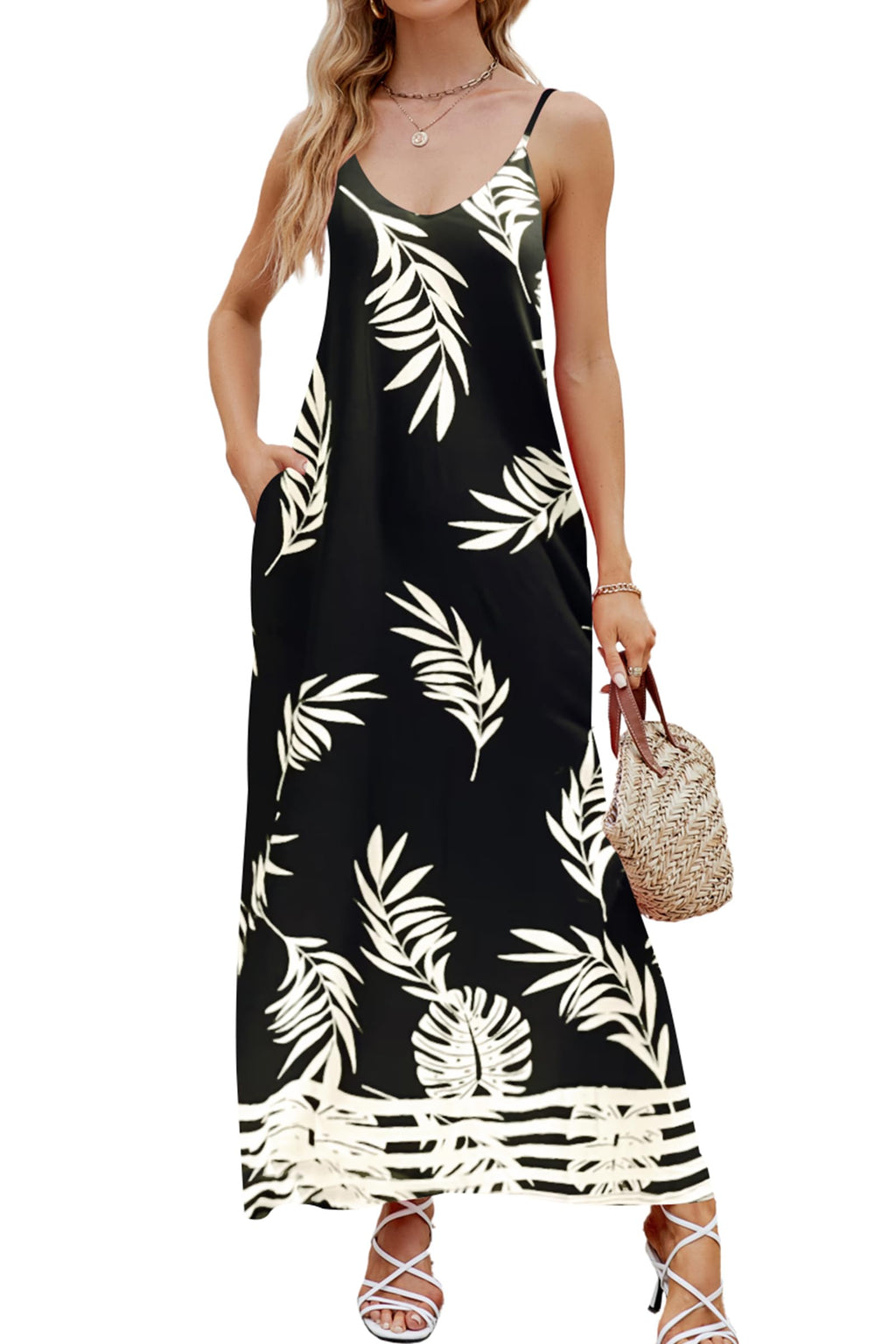 Poetsky Womens Casual Strappy V Neck Sleeveless Flowy Pockets Loose Long Maxi Beach Dress Sundress