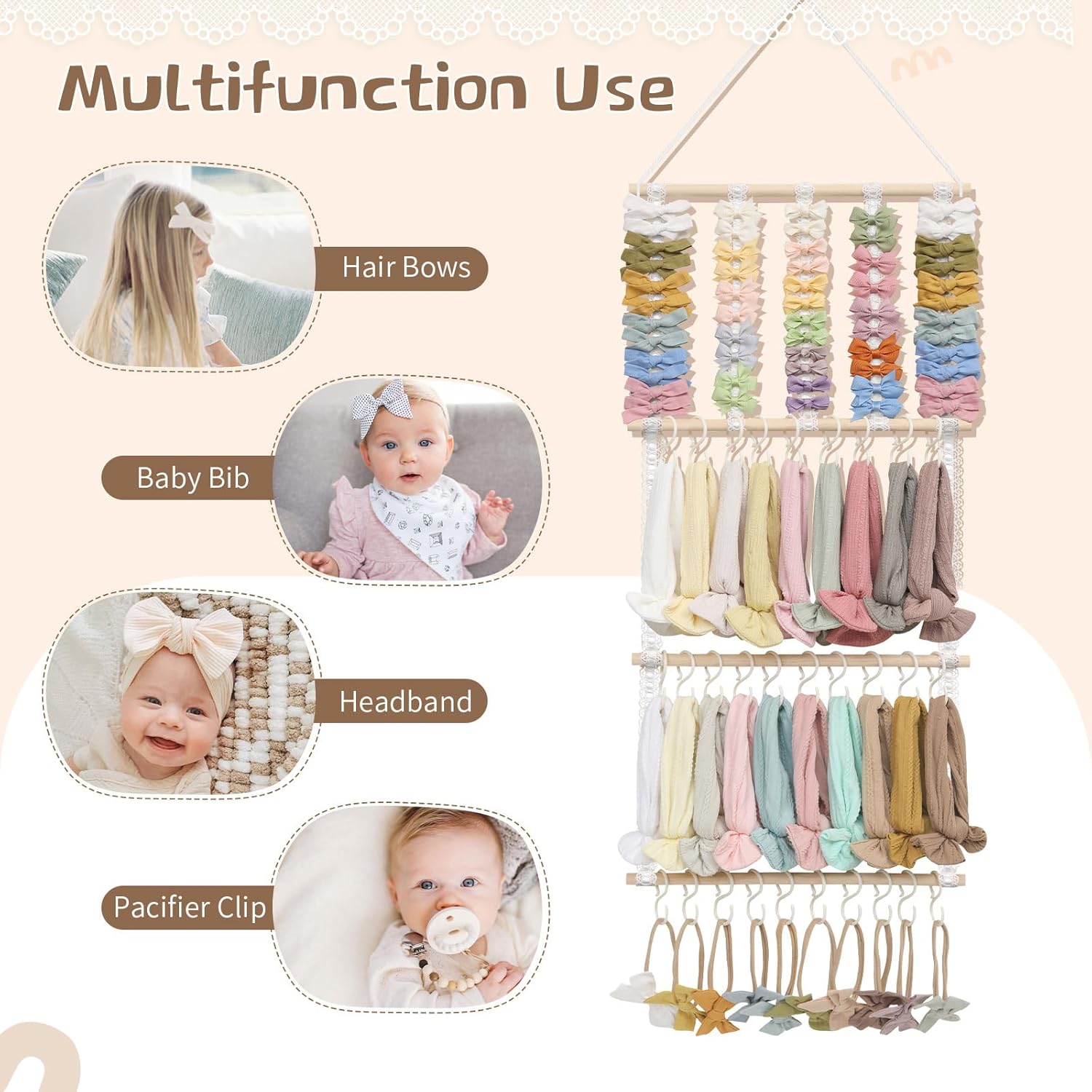 POVETIRE Headband Holder Hair Bows Organizer for Girls, Baby Headbands Hair Accessories Organizer Storage Wall Hanging Decor for Toddler Girls Room