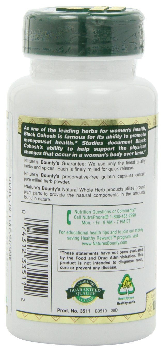 Nature's Bounty Black Cohosh Root Pills and Herbal Health Supplement, Natural Menopausal Support, 540 mg, 100 Capsules