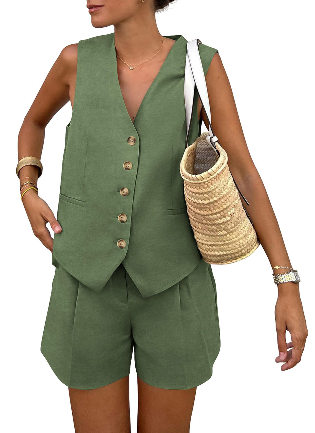 PRETTYGARDEN Women's Summer 2 Piece Outfits Sleeveless Matching Sets Button Down V Neck Vest Waistcoat and Pockets Shorts