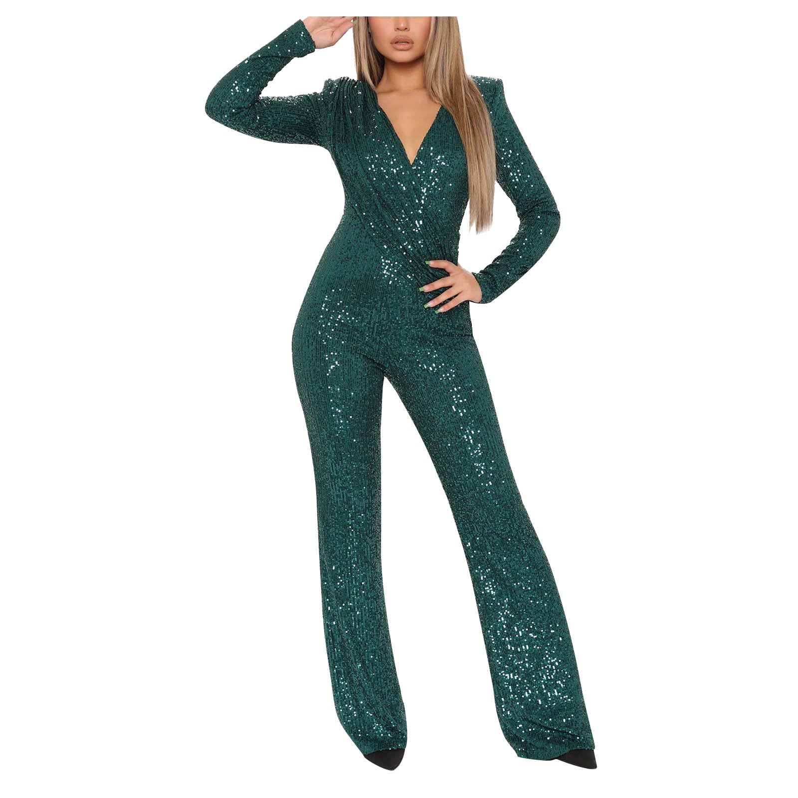 Womens 2024 Summer Sexy Deep V Neck Jumpsuits Long Sleeve One Piece Sequins Overalls Dressy Wide Leg Rompers