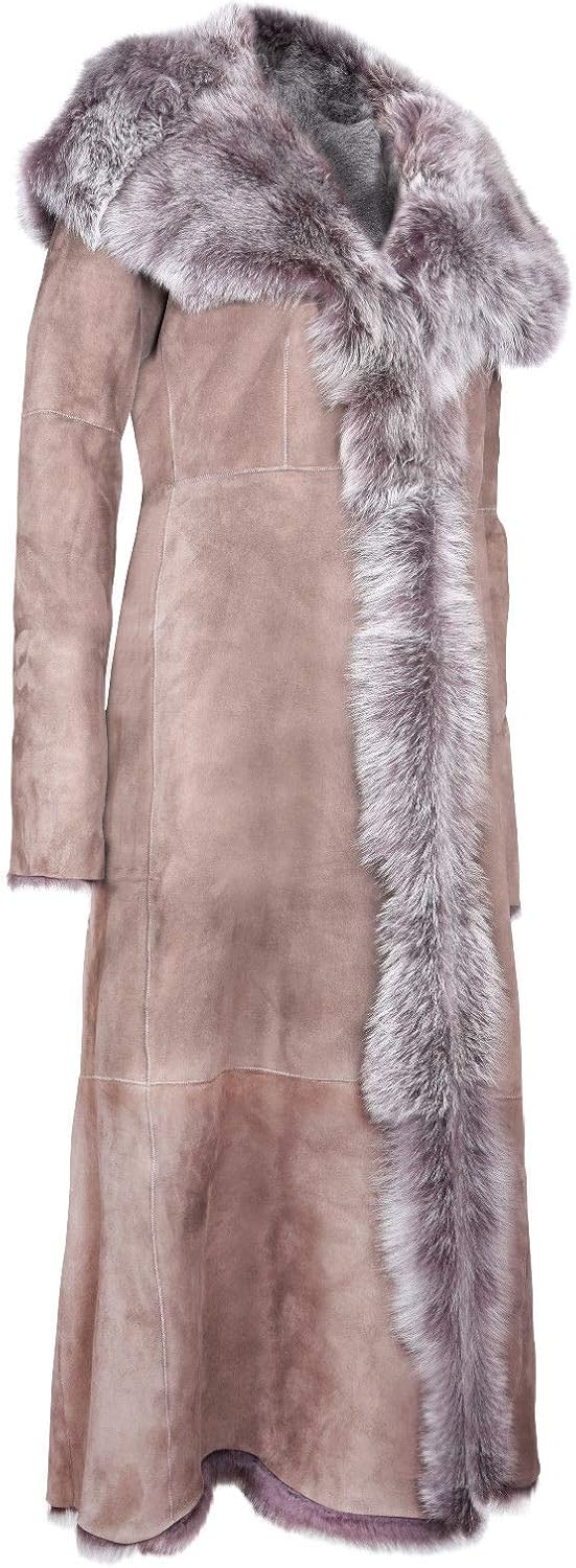 Taupe Full Length Hooded Ladies Suede Toscana Sheepskin Leather Trench Coat