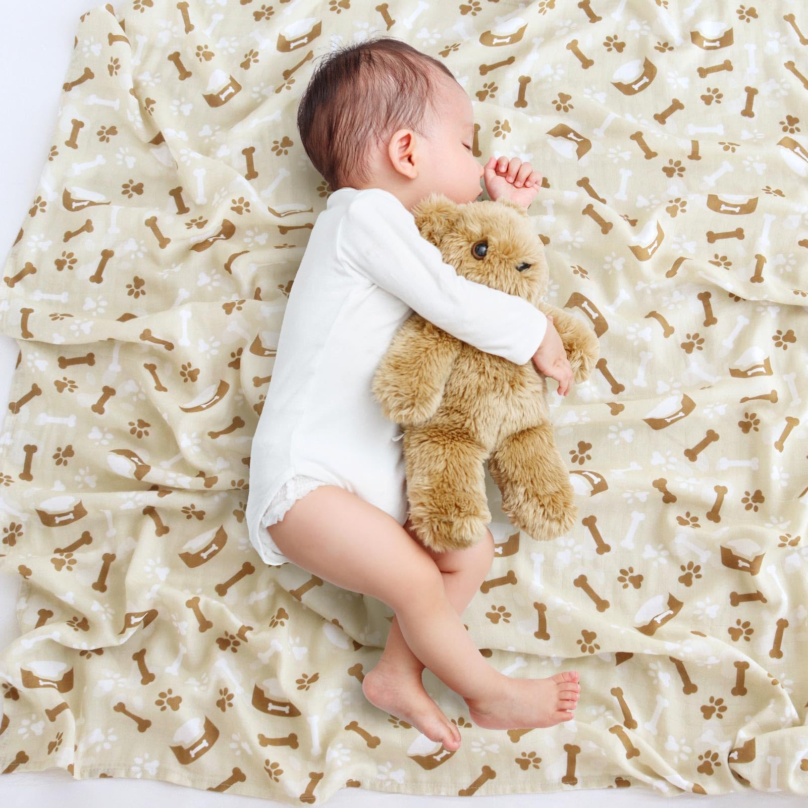 LifeTree Muslin Swaddle Blankets, Baby Swaddling Wrap Nursery Blanket Unisex, Soft 70% Viscose from Bamboo and 30% Cotton, Large 47 x 47 inches, Bear & Checkered Swaddle Blanket