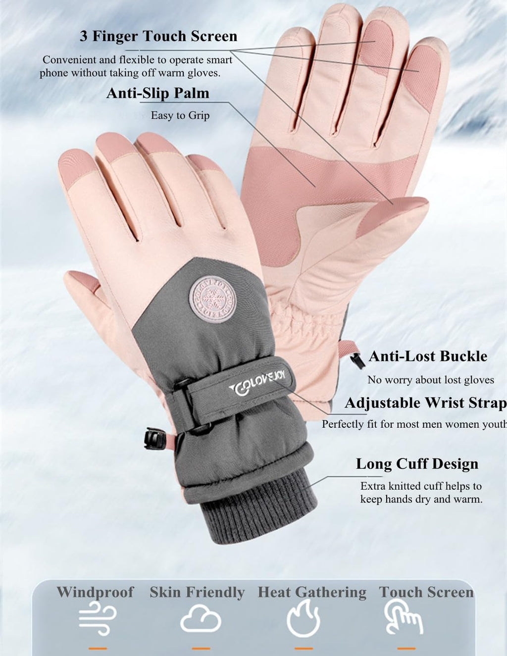 Winter Ski Snow Gloves for Men, Women, Youth | Touchscreen & Waterproof Cold Weather Hand Warming Gloves Winter Work Gloves