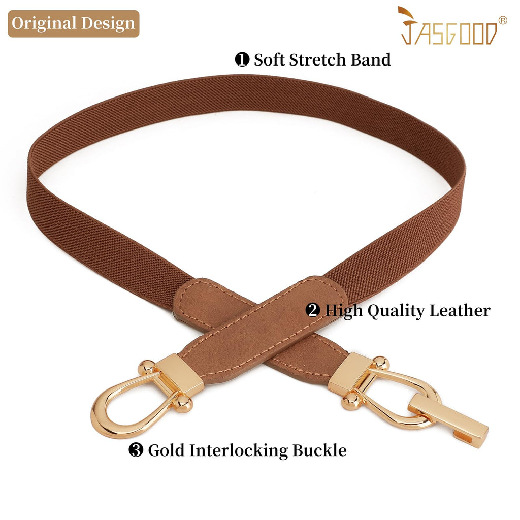 JASGOOD Women Skinny Elastic Belt for Dresses,Thin Retro Stretch Waist Belt with Golden Buckle