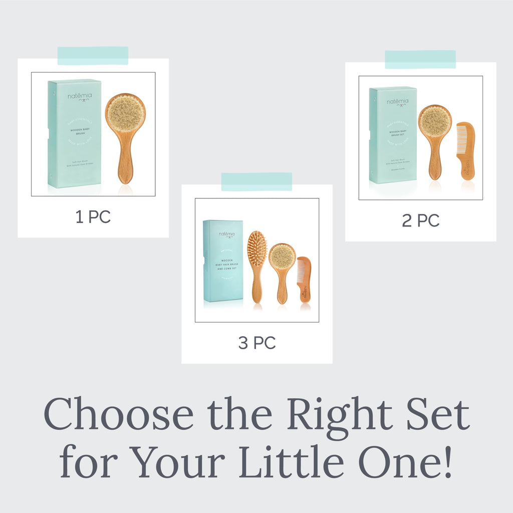 Natemia Wooden Baby Hair Brush & Comb Set - Pack of 3, Oval - Natural Goat Hair Bristles & Soft Bristle Brush - Gentle Scalp Massage & Cradle Cap Comb - For Newborns & Toddlers, Baby Grooming Kit