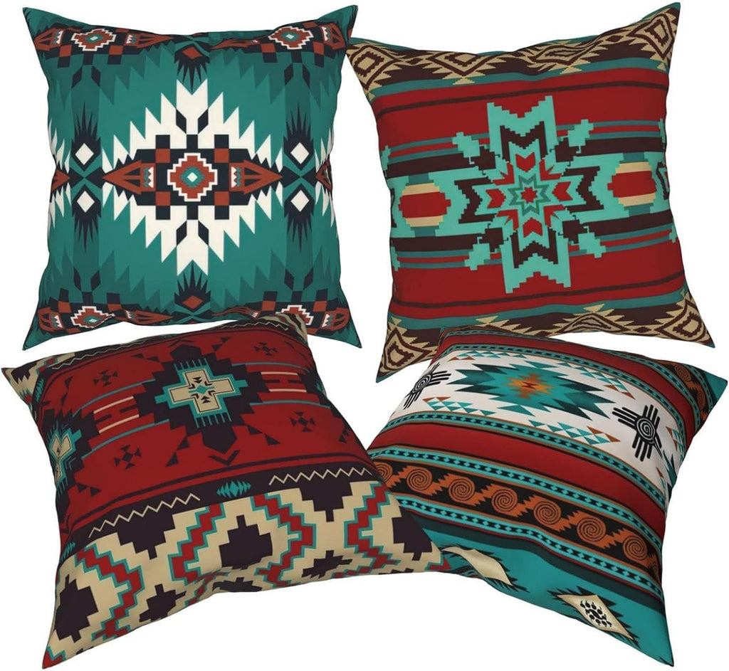 Western Native American Throw Pillow Covers 18X18 Southwestern Boho Aztec Navajo Turquoise Decorative Cushion Pillow Cases for Outdoor Home Decor Set of 4, Double Side Print (African Mudcloth)