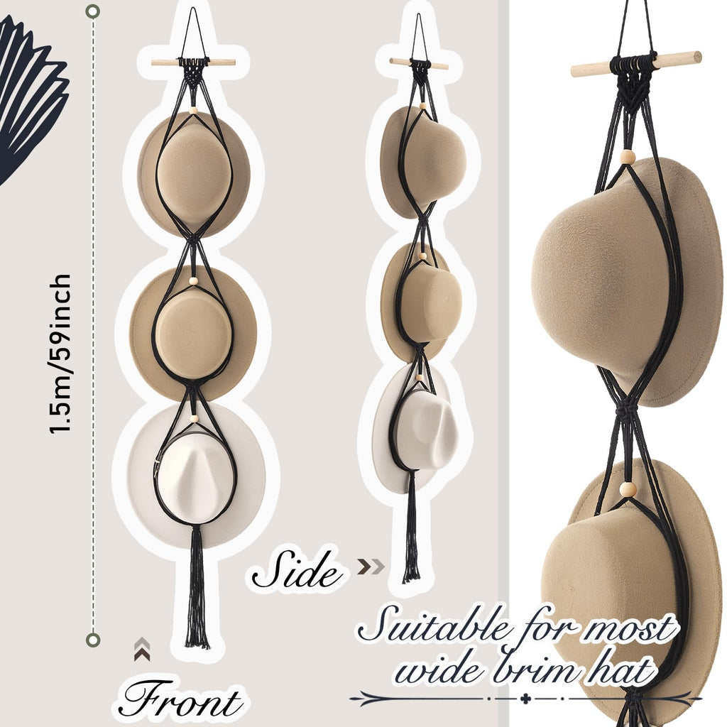 Yulejo Macrame Hat Hangers Boho Hat Rack for Wall Western Cowboy Hanging Organizer for Door Wall Room Bedroom