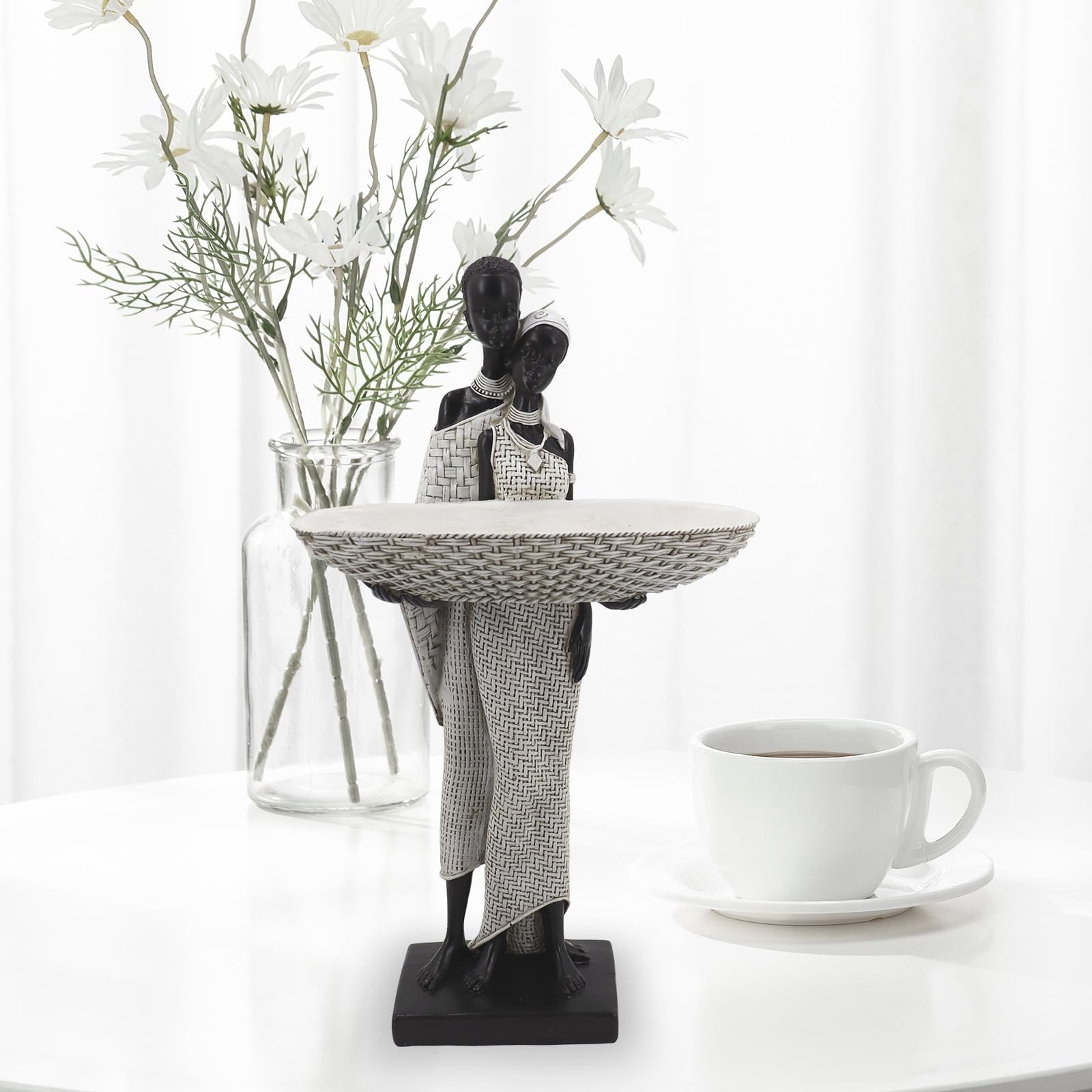 Handmade African Tribal Woman Sculpture - Gold Adorned Seated Figure with Basket, Vintage Resin Statue for Home Decor, Unique Housewarming Gift for Shelf/Table (9.65" H)