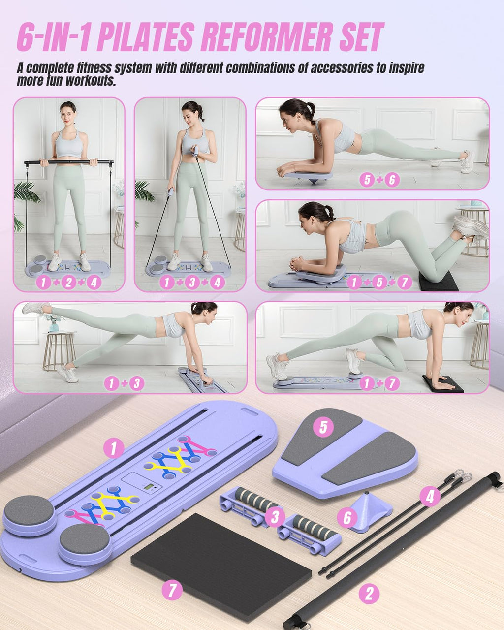 Pilates Board Pilates Reformer Set, Pilates Board for Home Workout Foldable Pilates Reformer Board for Women, 6 in 1 Multifunctional Pilates Equipment