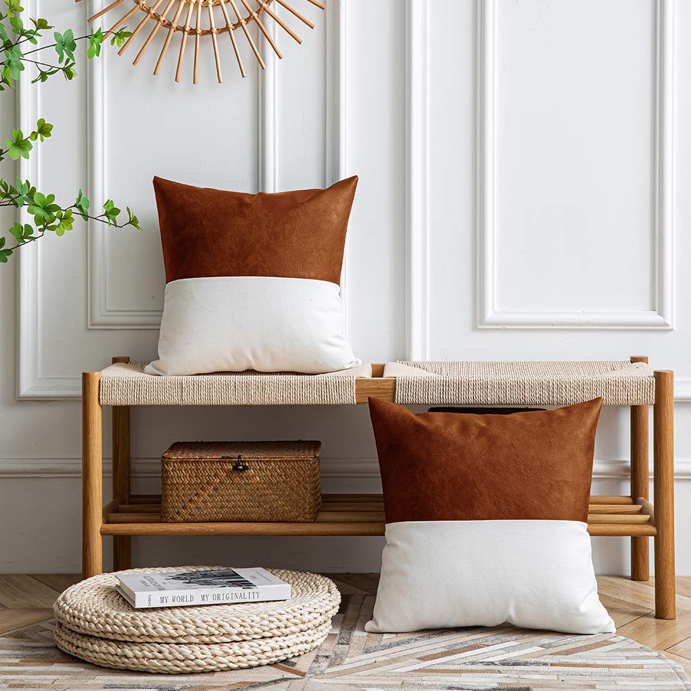 DEZENE Leather Throw Pillow Covers, Set of 2 Modern Leather/Cotton Decorative Pillowcases for Home Decor Bedroom Living Room Couch Bed Sofa, 18x18 Inch, Cognac-Brown and White
