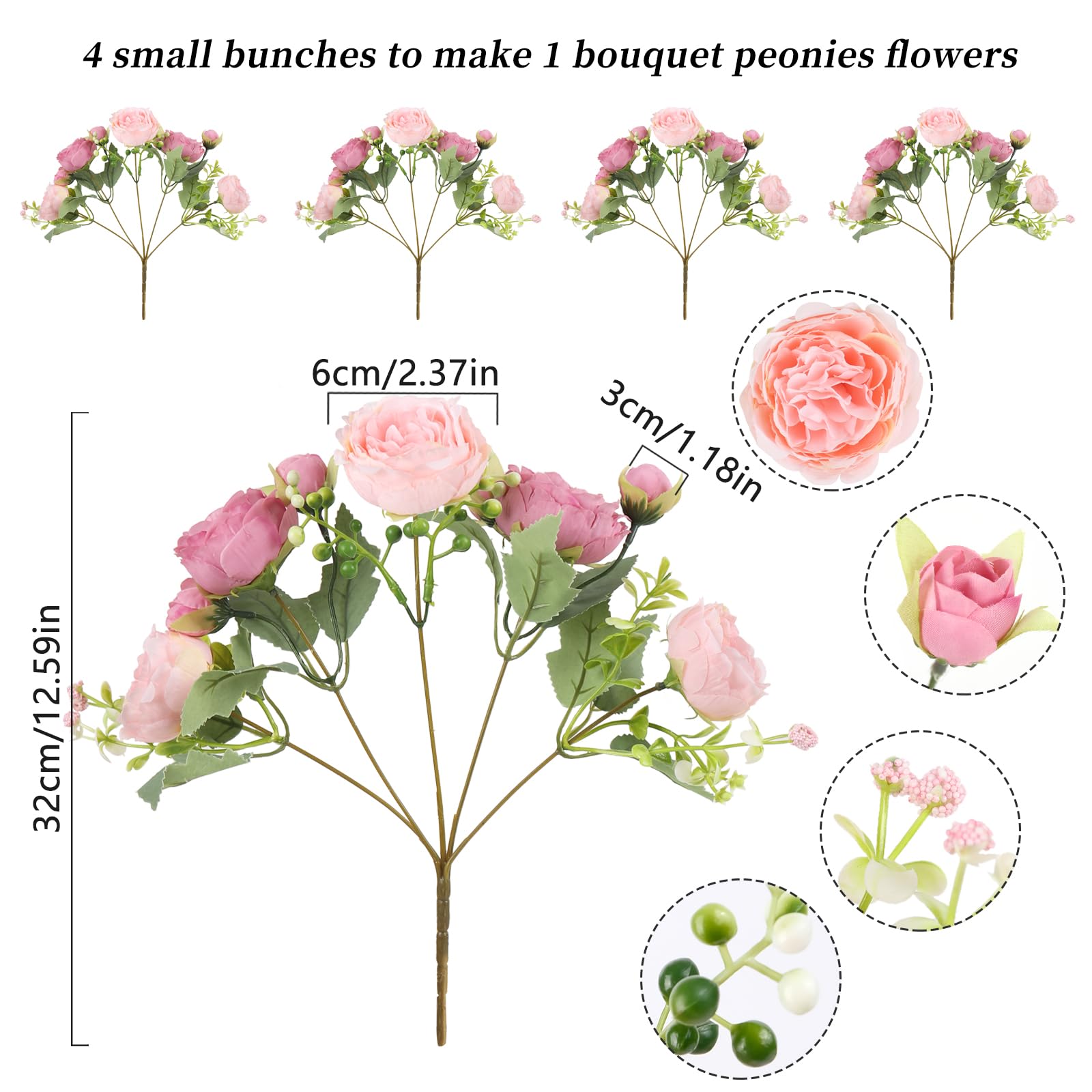 4 Bundles Artificial Peonies Silk Flowers, White Faux Peony Bouquet Florals Arrangements Decor for Farmhouse Home Boho Wedding Table Centerpiece, Fake Plastic Flowers Bulk Vase Decoration (White)