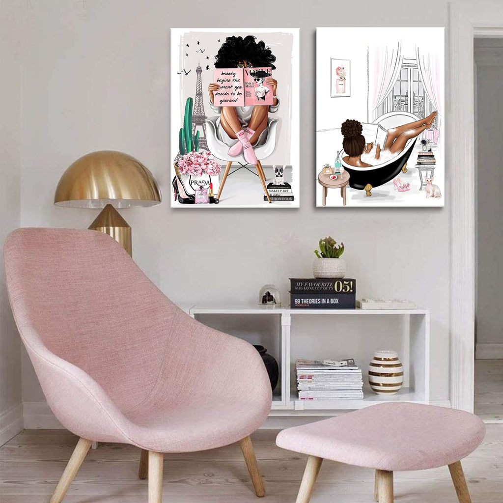 2 Pieces Framed African American Wall Art Modern Fashion Paris Pink White Afro Black Girls Women Canvas Wall Decor Pictures Posters Prints Artwork for Bathroom Living Room Bedroom Home Decoration