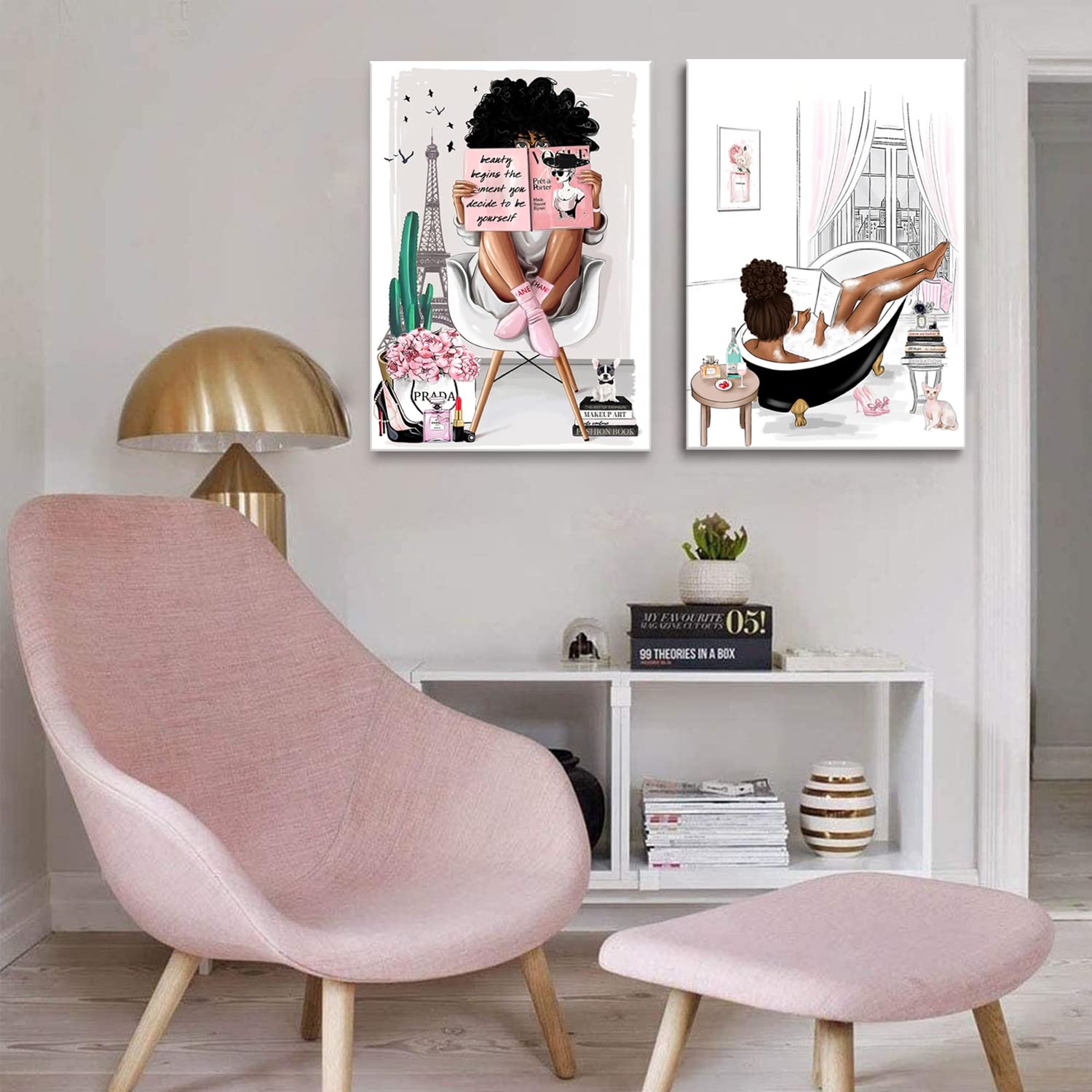 2 Pieces Framed African American Wall Art Modern Fashion Paris Pink White Afro Black Girls Women Canvas Wall Decor Pictures Posters Prints Artwork for Bathroom Living Room Bedroom Home Decoration