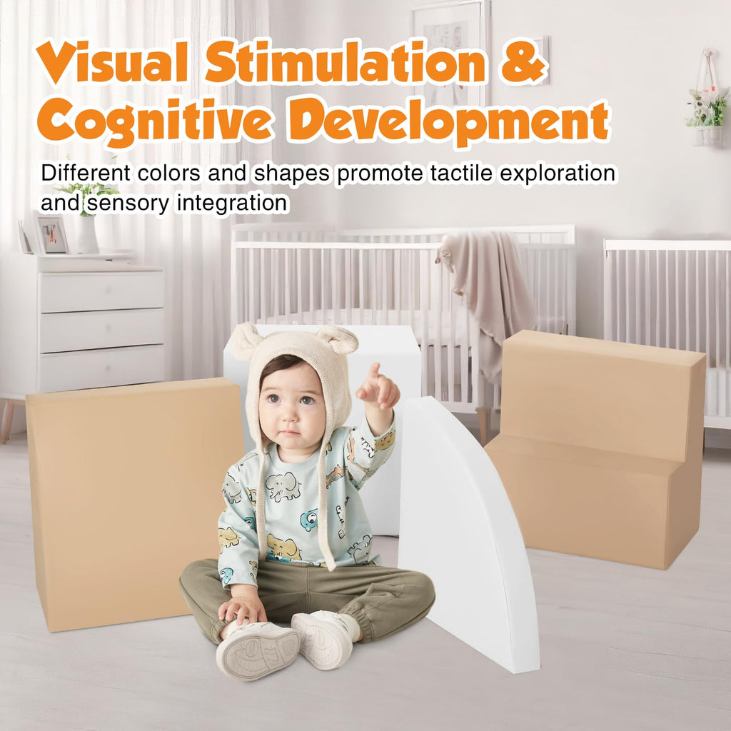 4-Piece Soft PU Leather Toddlers Climbing Toys, Baby Foam Climbing Blocks for Toddlers 3, Foam Play Gym Climbing Structures, Indoor Climb and Crawl Activity Play Set (White and Coffee)