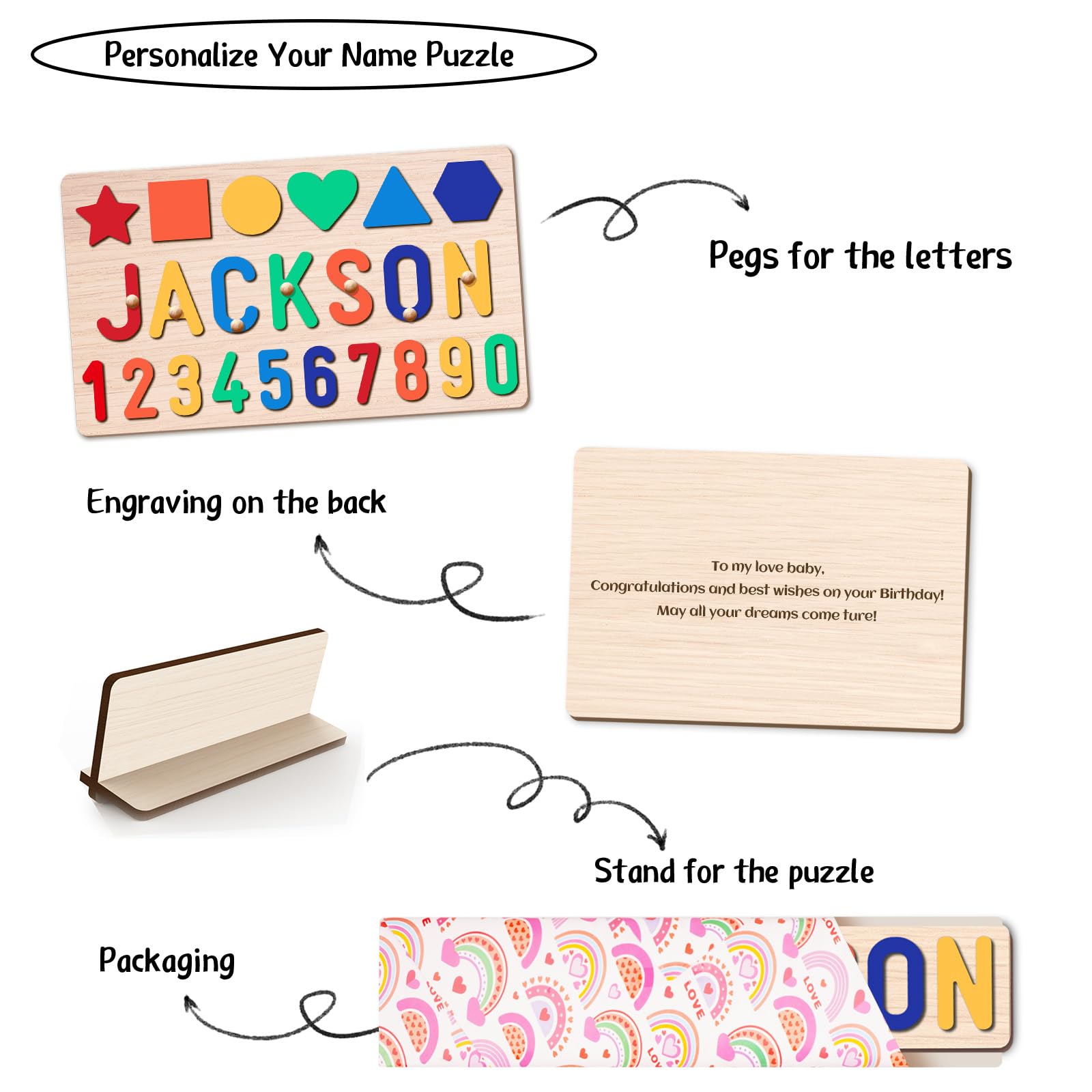Personalized Name Puzzle for Kids, Personalized Baby Gifts Custom Name Puzzles for Toddlers 1-3 Animal Puzzle, Customized 1st Birthday for Girls & Boys Wooden Puzzle Montessor Toys for Kids