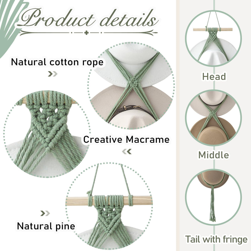 Yulejo Macrame Hat Hangers Boho Hat Rack for Wall Western Cowboy Hanging Organizer for Door Wall Room Bedroom