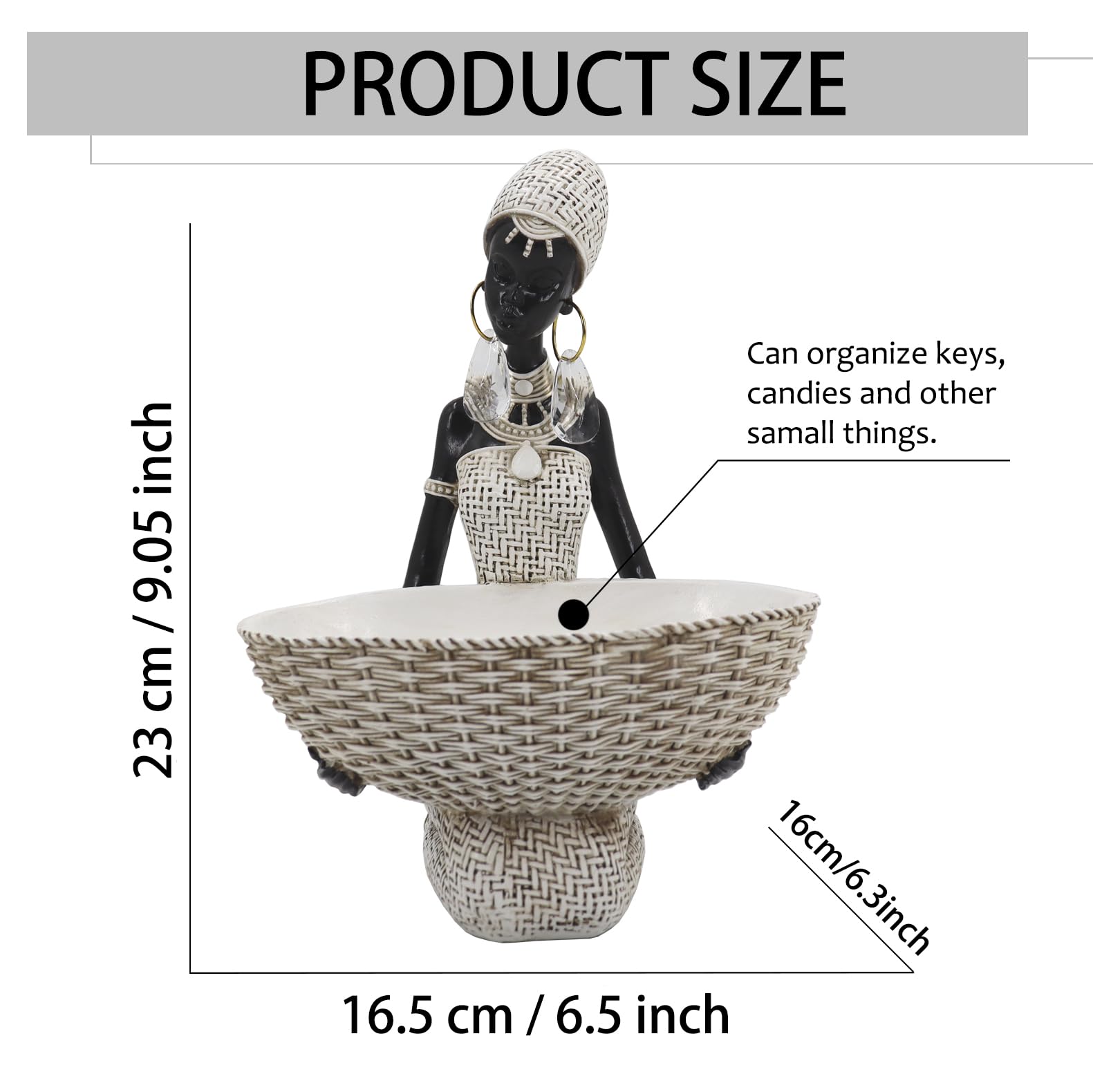 Handmade African Tribal Woman Sculpture - Gold Adorned Seated Figure with Basket, Vintage Resin Statue for Home Decor, Unique Housewarming Gift for Shelf/Table (9.65" H)