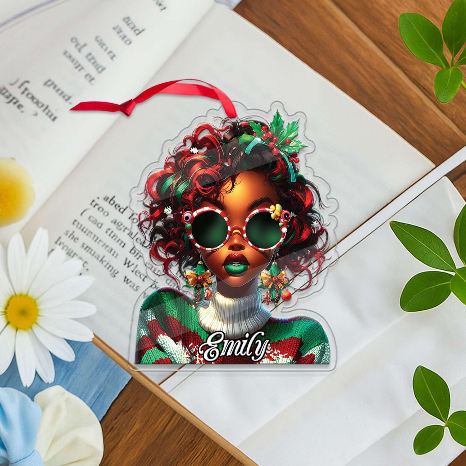 2D Acrylic Christmas Elf Shaped Ornament with Gift Box, Personalized Name Holiday Keepsake, Cute Ornament for Kids Room, Custom Name African-Inspired Decoration, Gifts for Boys