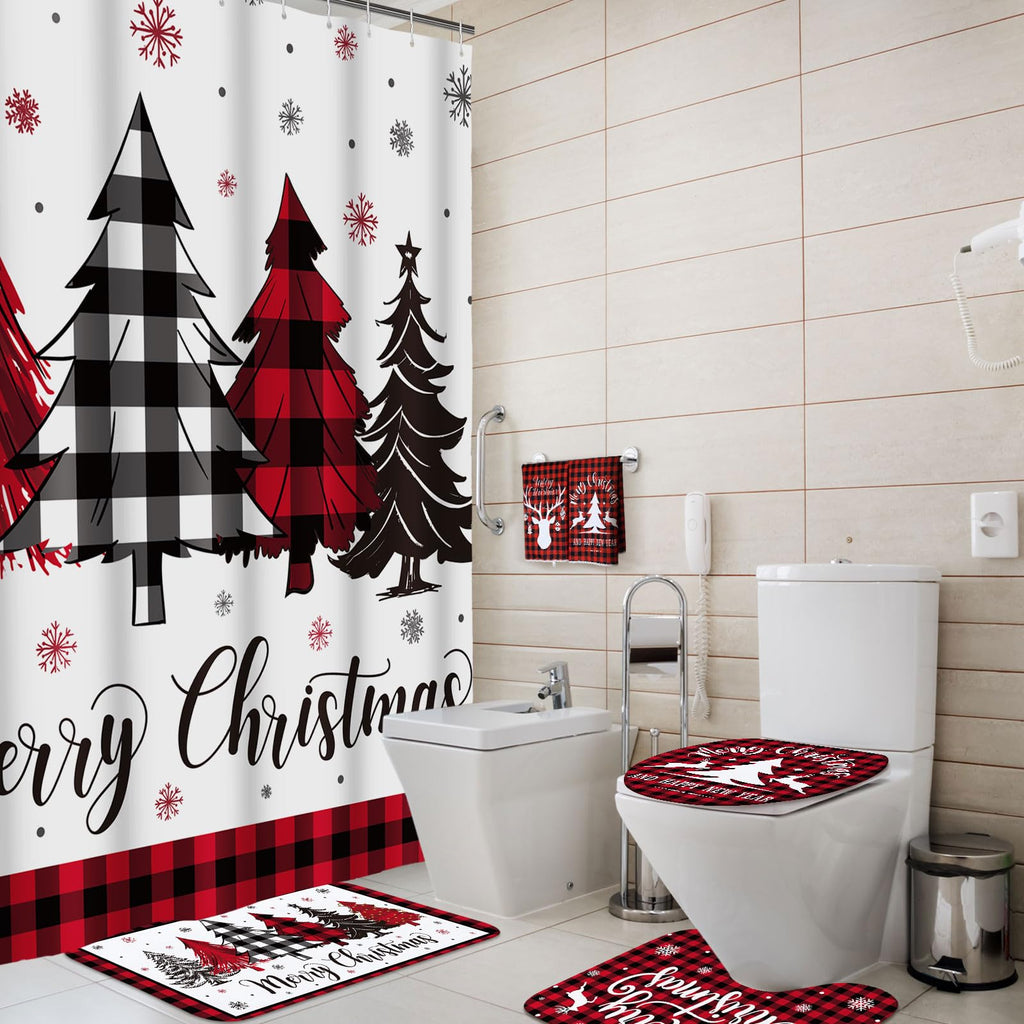 Honoson 8 Pcs Christmas Black Santa Claus Shower Curtain Set with Rugs and Kitchen Towels African American Retro Christmas Bathroom Decor Black Santa Curtain Decorations Xmas Farmhouse Gifts