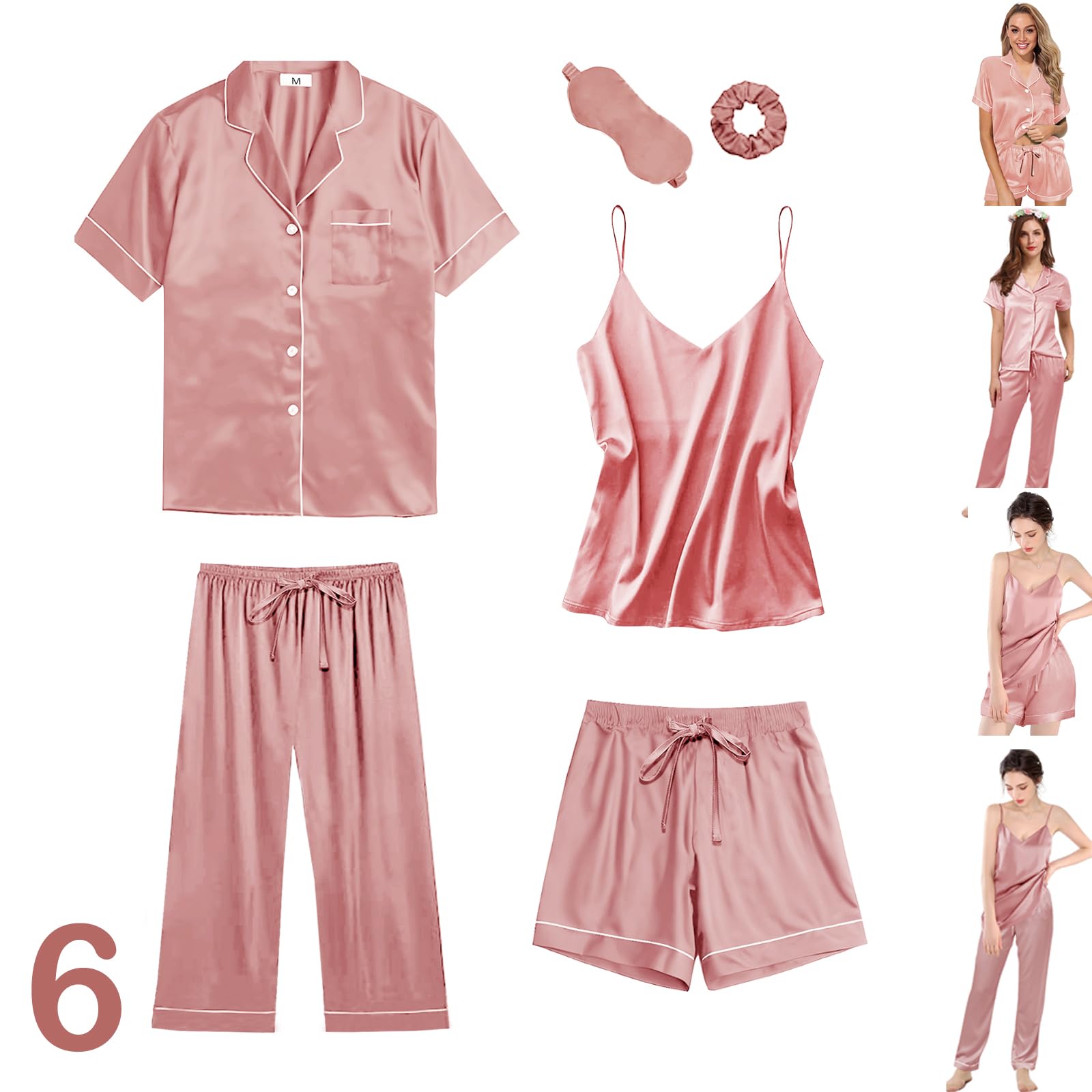 6Pcs Womens Silk Satin Pajama Sets Pj Sets Short Pjs Set Pajamas Sleepwear Camisole Sexy Cami