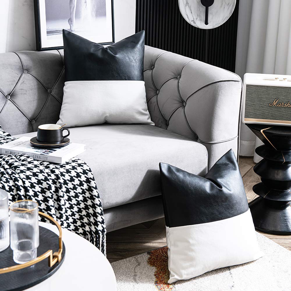 DEZENE Leather Throw Pillow Covers, Set of 2 Modern Leather/Cotton Decorative Pillowcases for Home Decor Bedroom Living Room Couch Bed Sofa, 18x18 Inch, Cognac-Brown and White