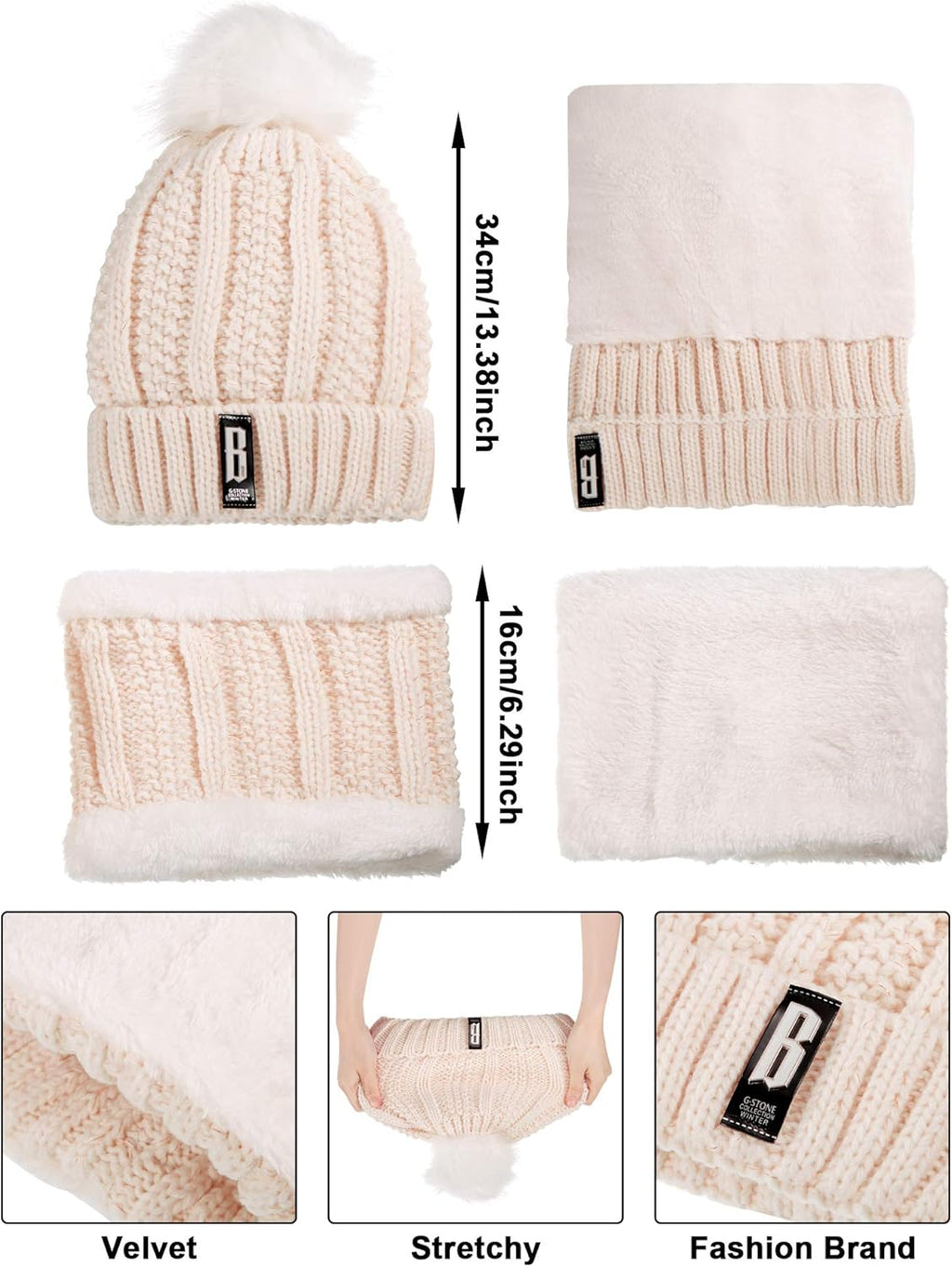SATINIOR 5 Pcs Winter Hat Scarf Gloves Set Fleece Warm Lined Knit Beanie Hat Touch Screen Earmuff Gloves Warmer for Women(Beige,Classic Style)