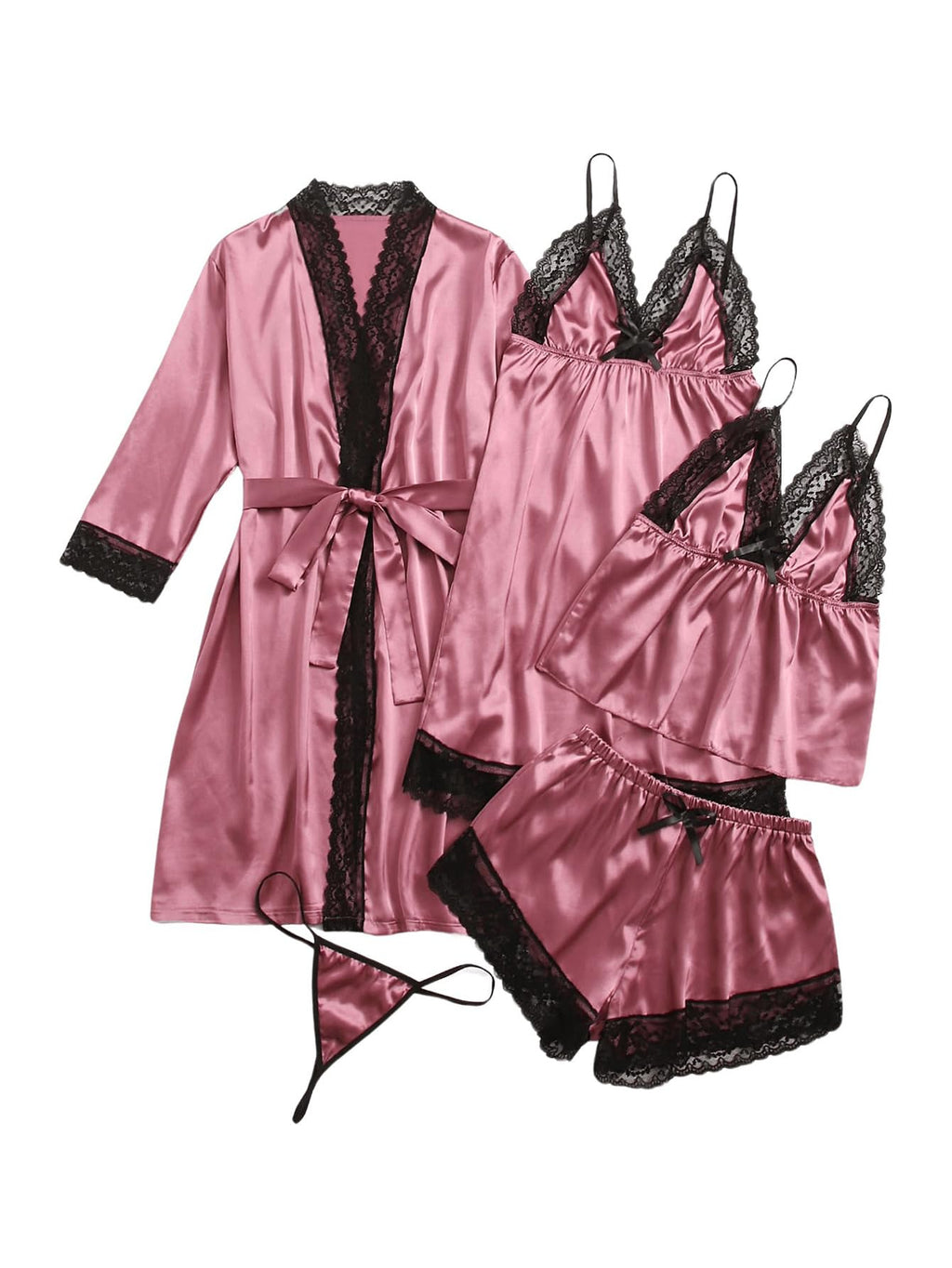 GORGLITTER Women's 5 Piece Floral Print Satin Pajama Set Nightgown Robe Cami Shorts Sleepwear with Storage Bag