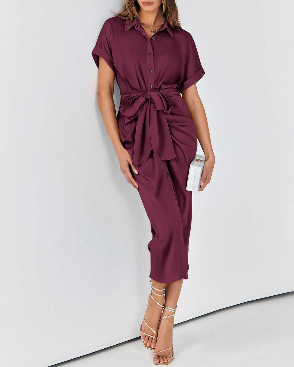 BTFBM Women Button Down Ruched Shirt Dresses Satin Short Sleeve Lapel V Neck Summer Maxi Dress 2025 Party Wedding Guest