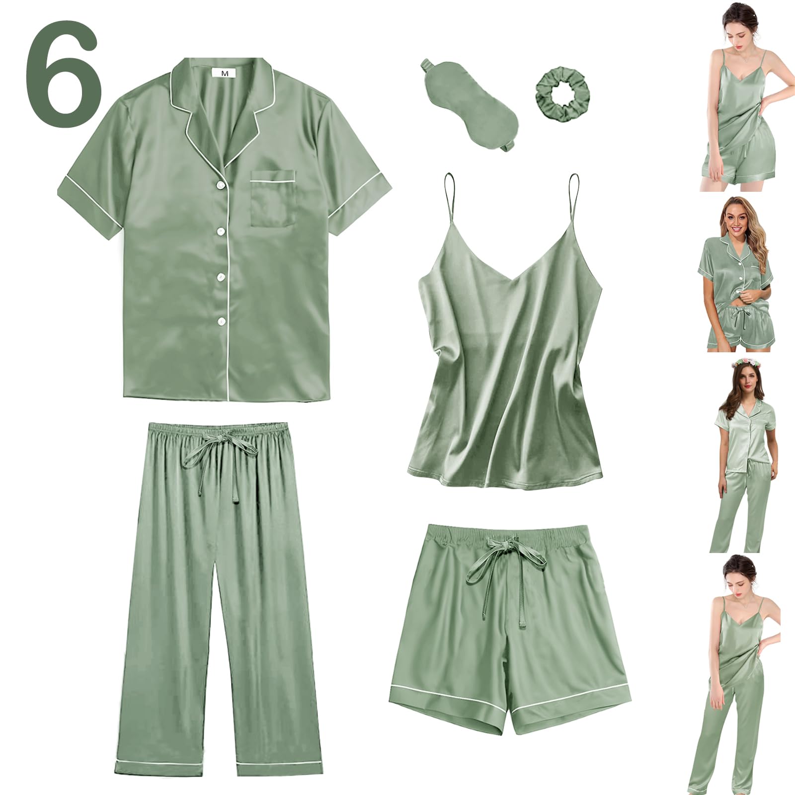 6Pcs Womens Silk Satin Pajama Sets Pj Sets Short Pjs Set Pajamas Sleepwear Camisole Sexy Cami