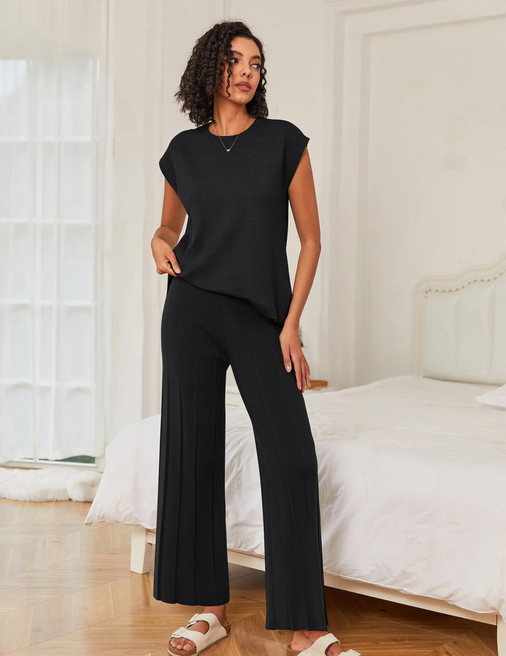 Ekouaer Lounge Sets for Women Two Piece Outfits Knit Cap Sleeve Tops Wide Leg Pleated Pants Casual Dressy Sweater Sets