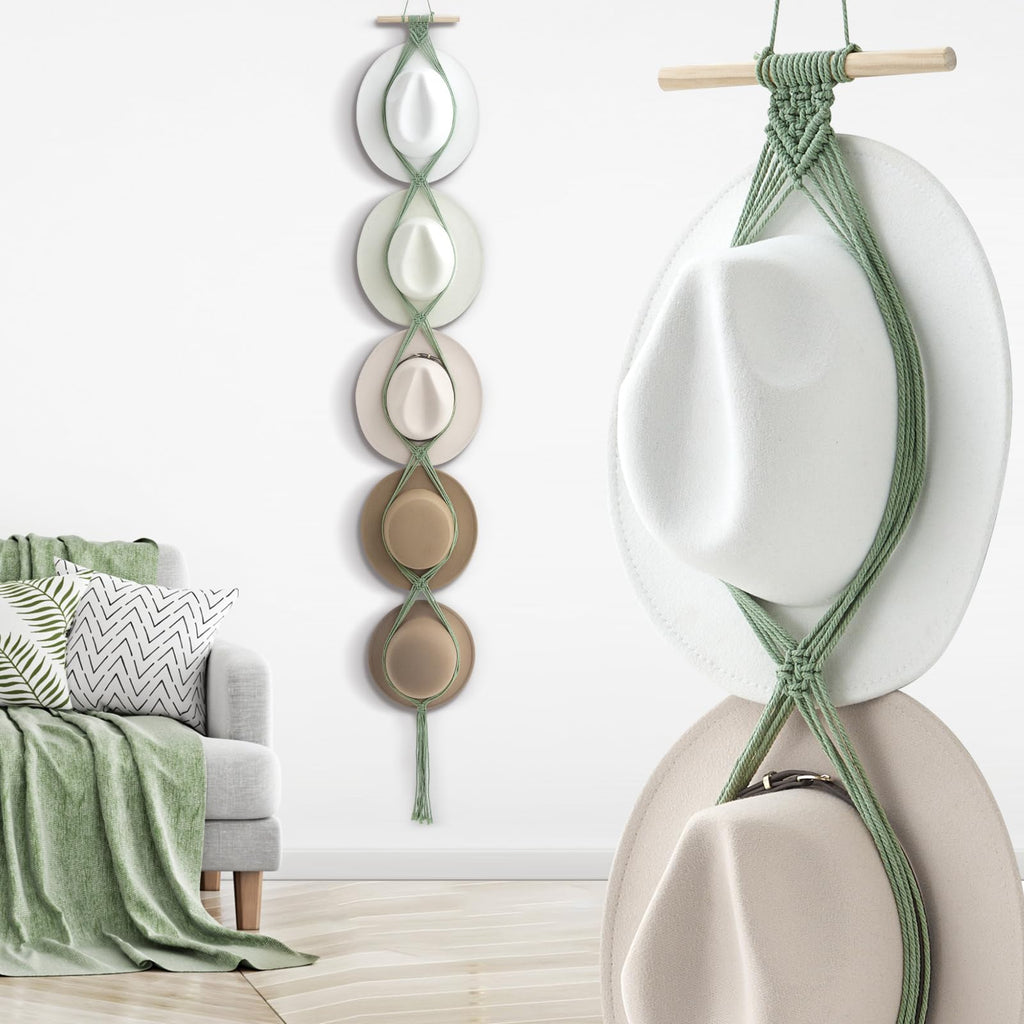 Yulejo Macrame Hat Hangers Boho Hat Rack for Wall Western Cowboy Hanging Organizer for Door Wall Room Bedroom