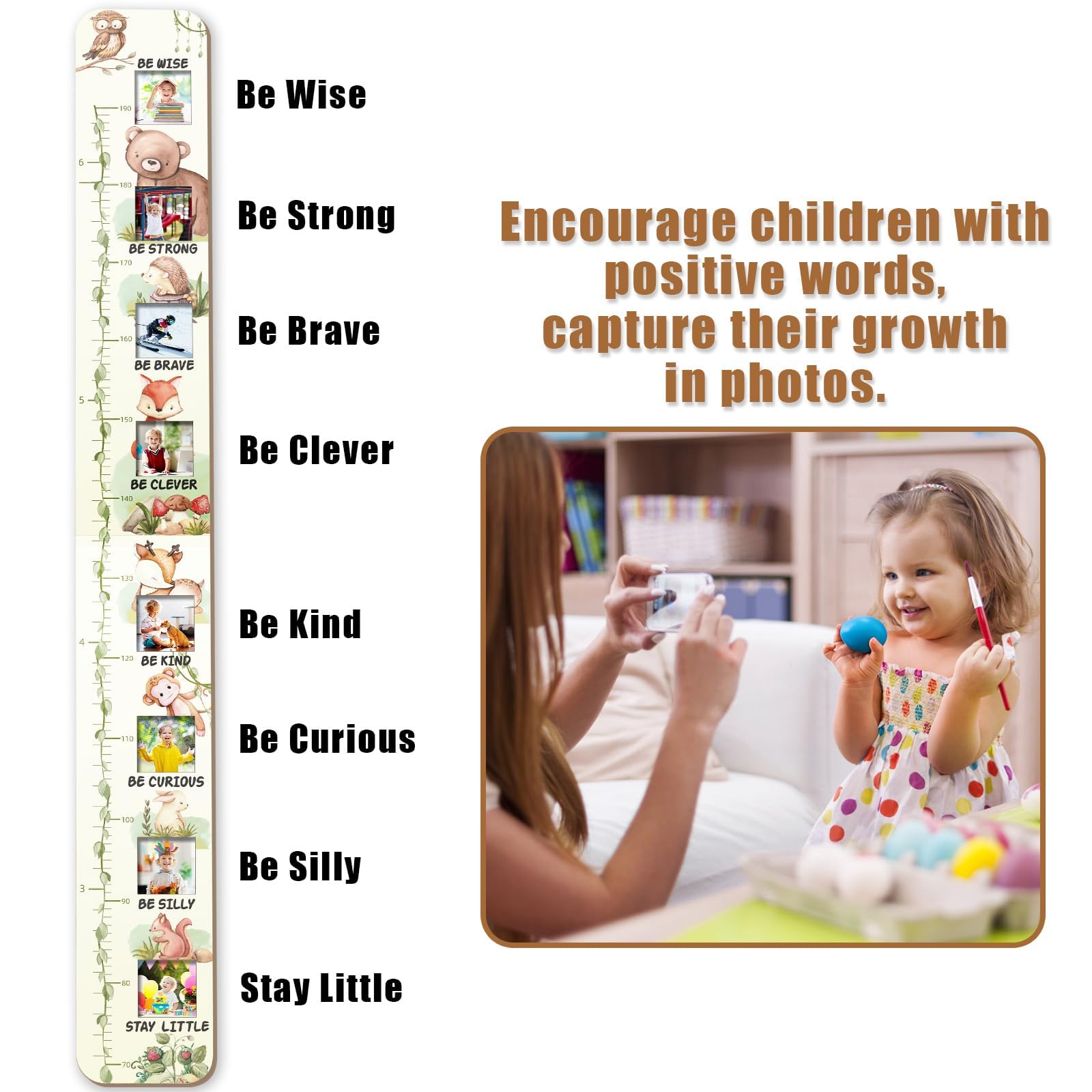 Garybank Solid Wood Growth Chart for Kids with Picture Frames, Height Measurement Ruler Milestone Markers, Foldable Kids Height Wall Chart, Christmas Keepsake Gift for Toddler Boy Girl Room Wall Decor