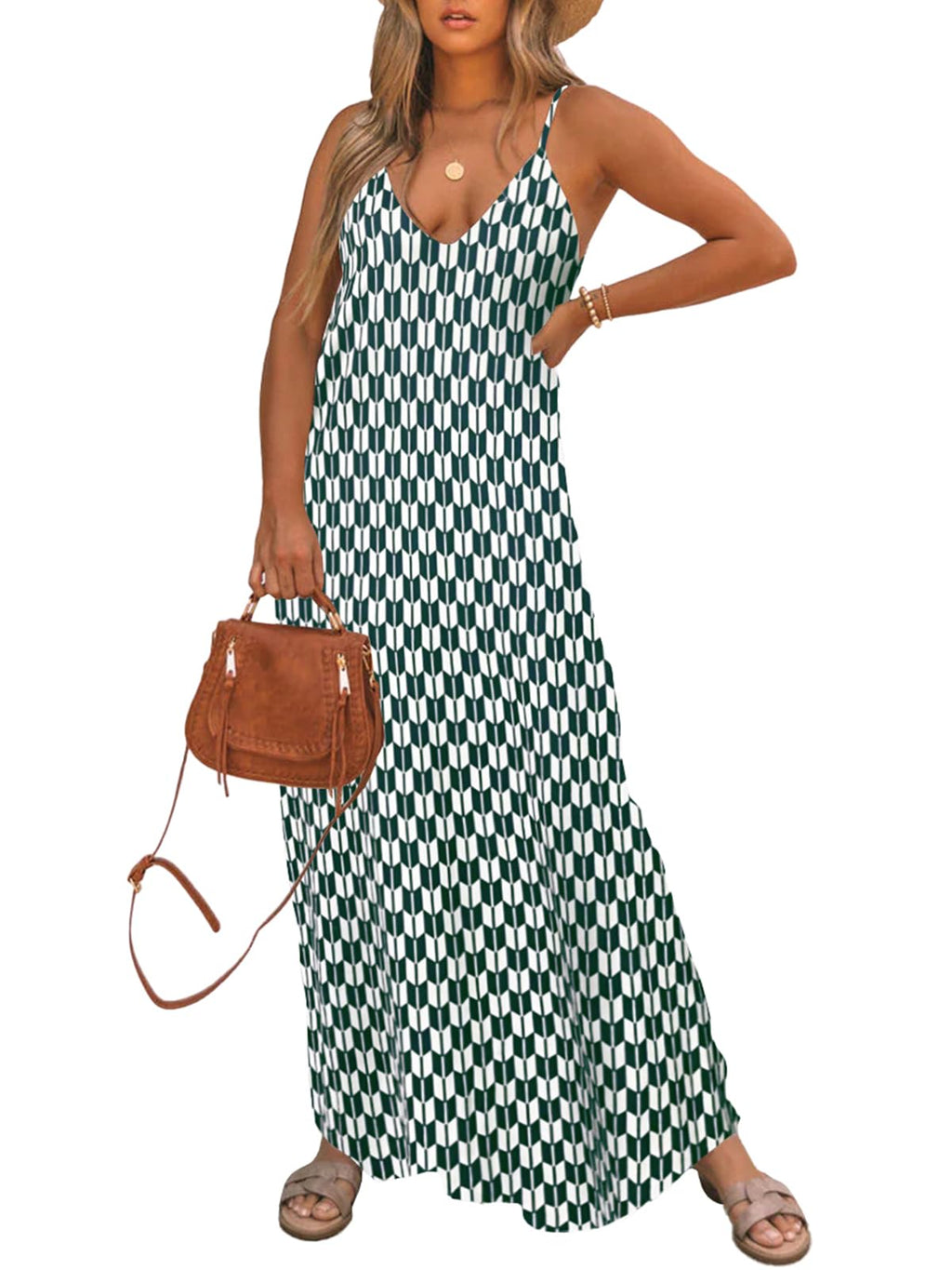 Poetsky Womens Casual Strappy V Neck Sleeveless Flowy Pockets Loose Long Maxi Beach Dress Sundress