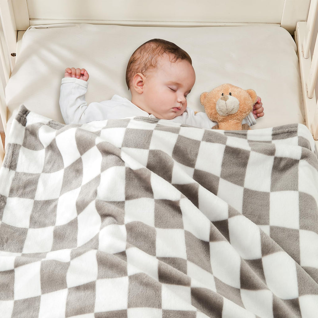 Yurhap Checkered Baby Blanket Fleece Baby Blankets Neutral for Boys Girls, Super Soft Warm Lightweight Infant Toddler Newborn Receiving Blankets for Crib Stroller, 30''x40'', Khaki