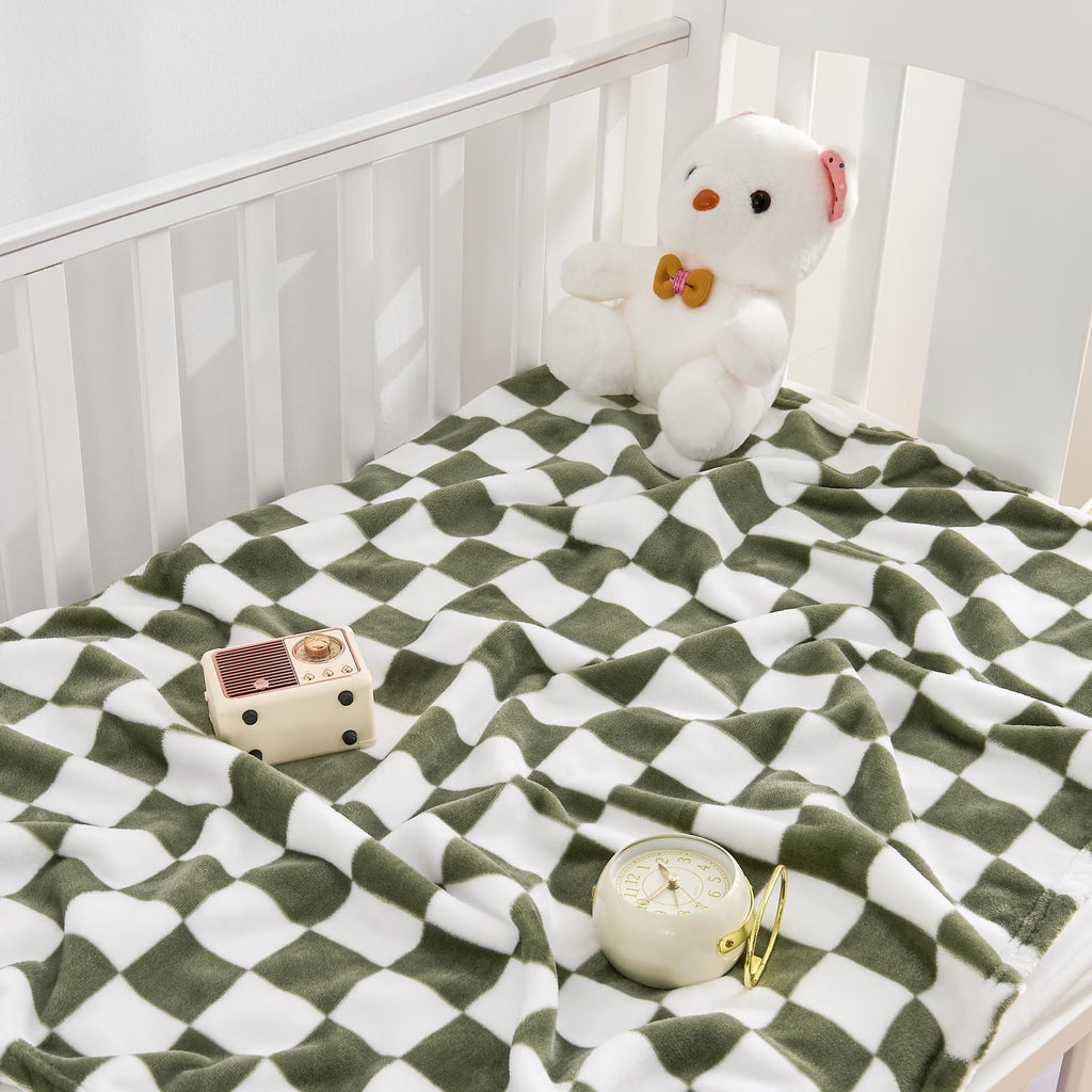 Yurhap Checkered Baby Blanket Fleece Baby Blankets Neutral for Boys Girls, Super Soft Warm Lightweight Infant Toddler Newborn Receiving Blankets for Crib Stroller, 30''x40'', Khaki