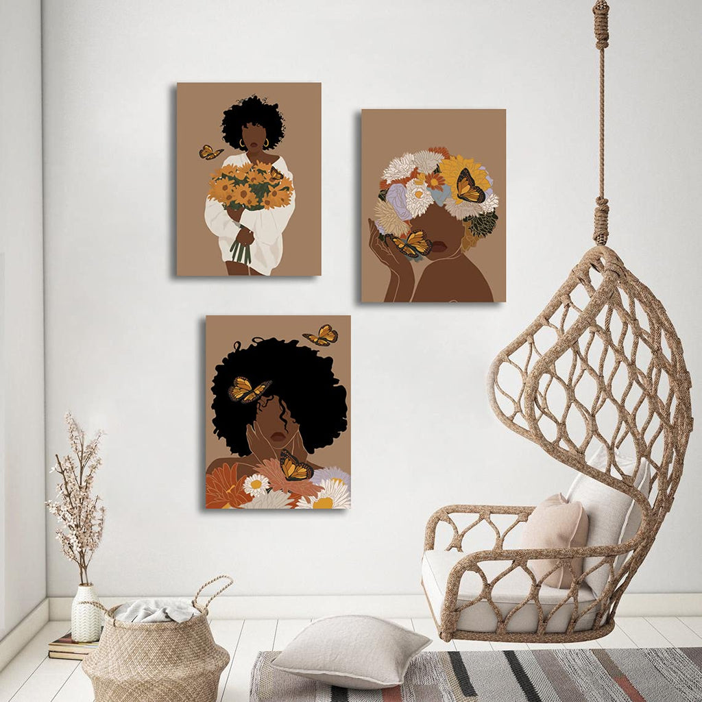 Framed Abstract African American Black Woman Canvas Wall Art, Boho Fashion Flower Art print, Black Women Bedroom Home Decor, Black Girl Poster