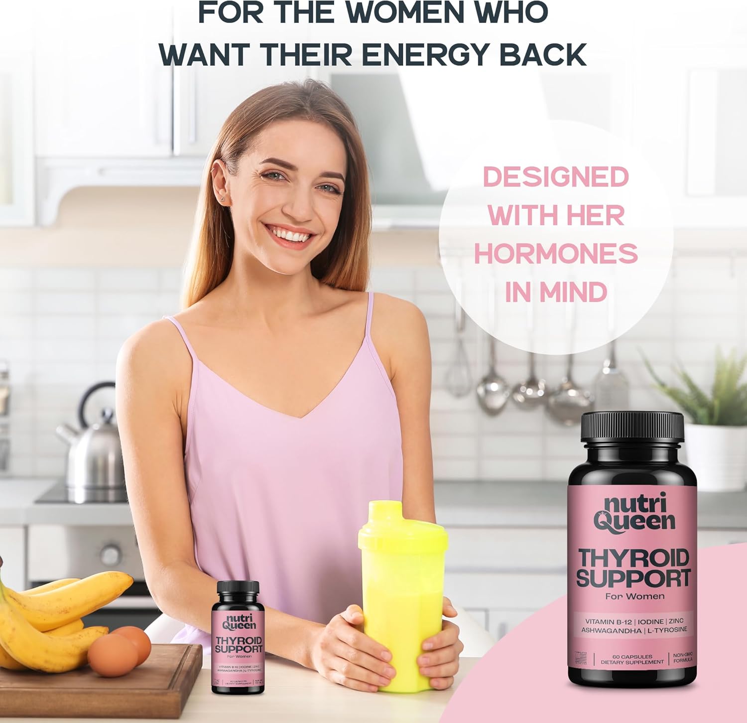Thyroid Support for Women, Female Vitamin Supplement with Ashwagandha, Zinc, Kelp & Iodine, Women's Health Supplements for Energy & Hormone Balance, Contains Vitamins B-12-60 Capsules