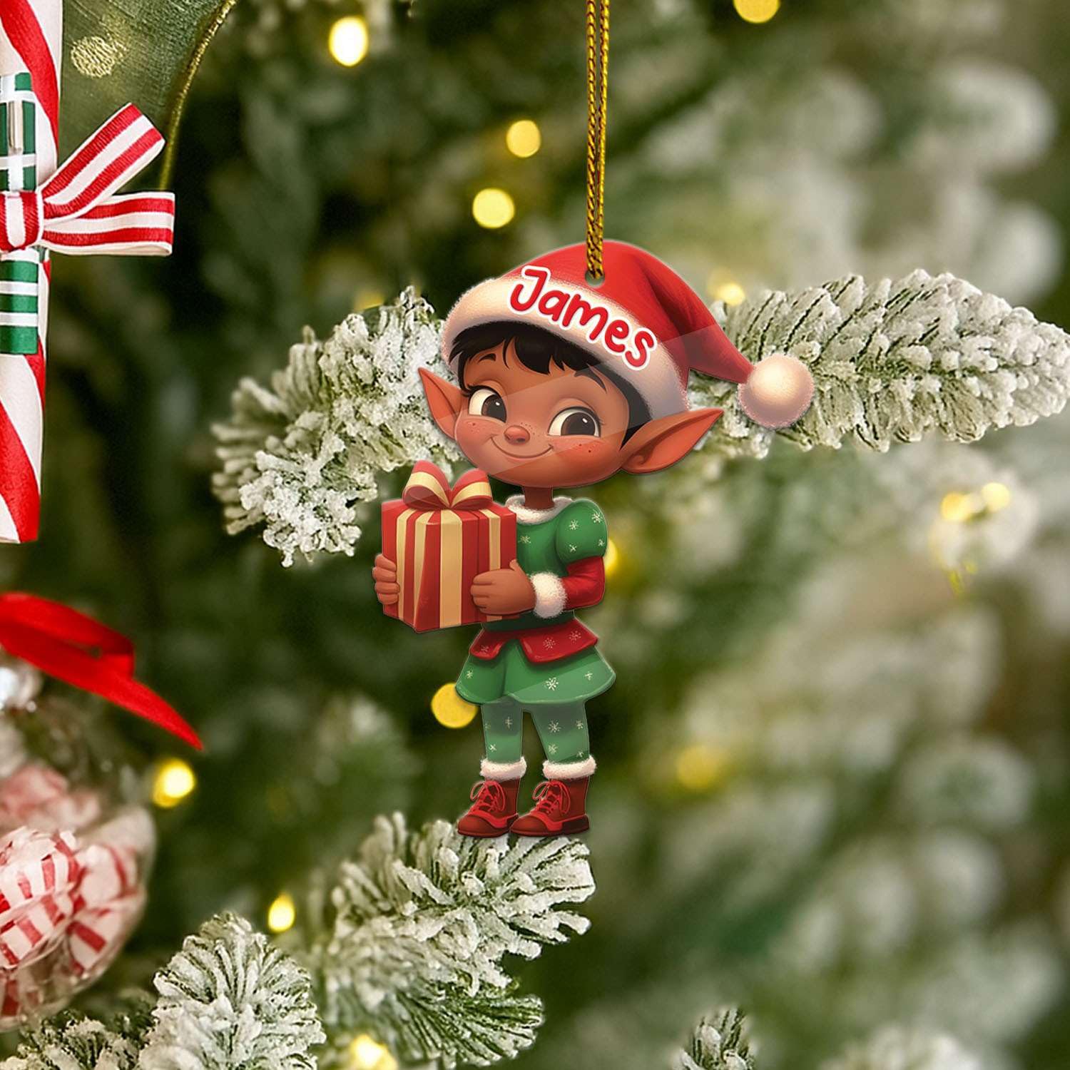 2D Acrylic Christmas Elf Shaped Ornament with Gift Box, Personalized Name Holiday Keepsake, Cute Ornament for Kids Room, Custom Name African-Inspired Decoration, Gifts for Boys