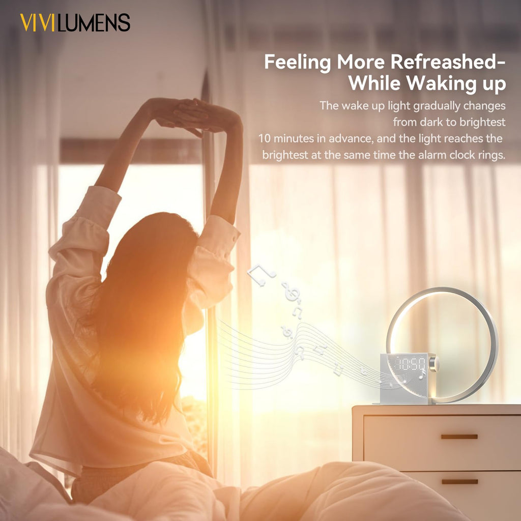 Vivilumens Sunrise Alarm Clock for Heavy Sleepers Adults, Wake-up Light, Sleep Aid 10 White Noise Sound Machines with 30/60/90 Timer, 3 Level Dimmable Touch Table Lamp with Snooze USB Charger Port