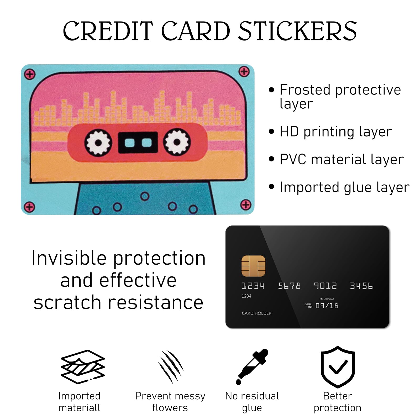 4PCS Credit Card Skin Set, Waterproof Debit Card Sticker Game Machine Theme Bank Card Sticker Skins - Black